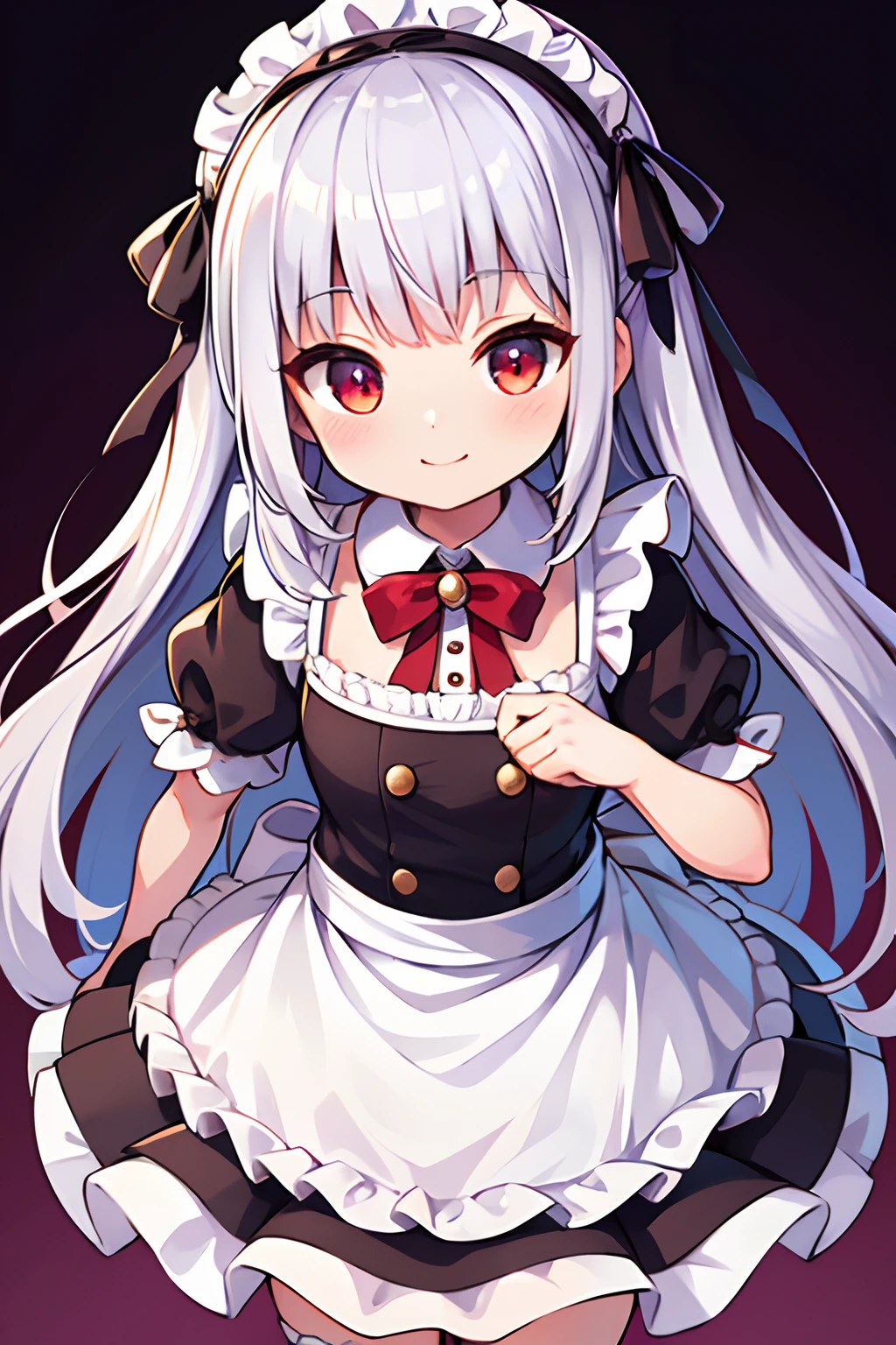 8K picture quality，silber hair,Red-eyed girl,cute little ,Long hair,Heartwarming,a miniskirt,Lolita,A smile,Thumbnail styles，maid clothes，fluffly，Looking down from above,despise,A smile