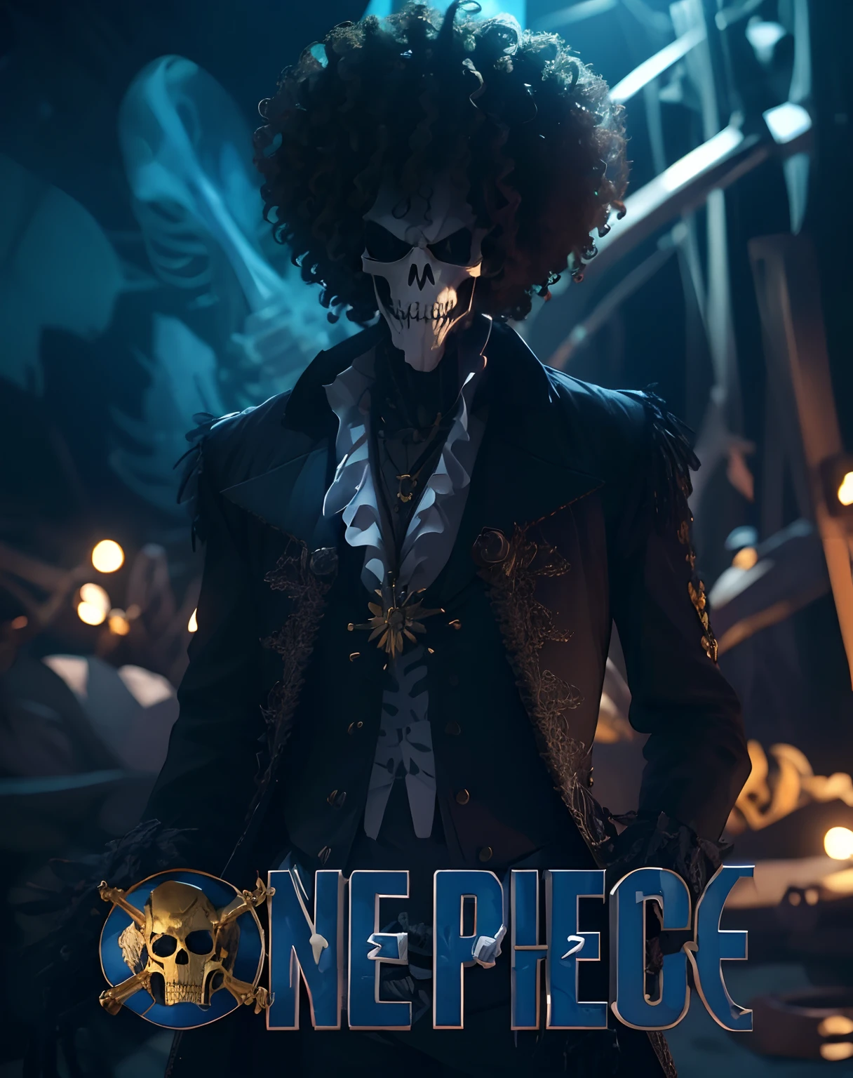 masterpiece, best quality, 8k, supreme, absurd, highly detailed, brook\(one piece\), solo, looking at the viewer, a very tall skeleton wearing royal clothing, black clothes and gold accessories, as well as a white shirt, (( hand and body skeleton)), skull head, human neck, curly frizzy hair, standing