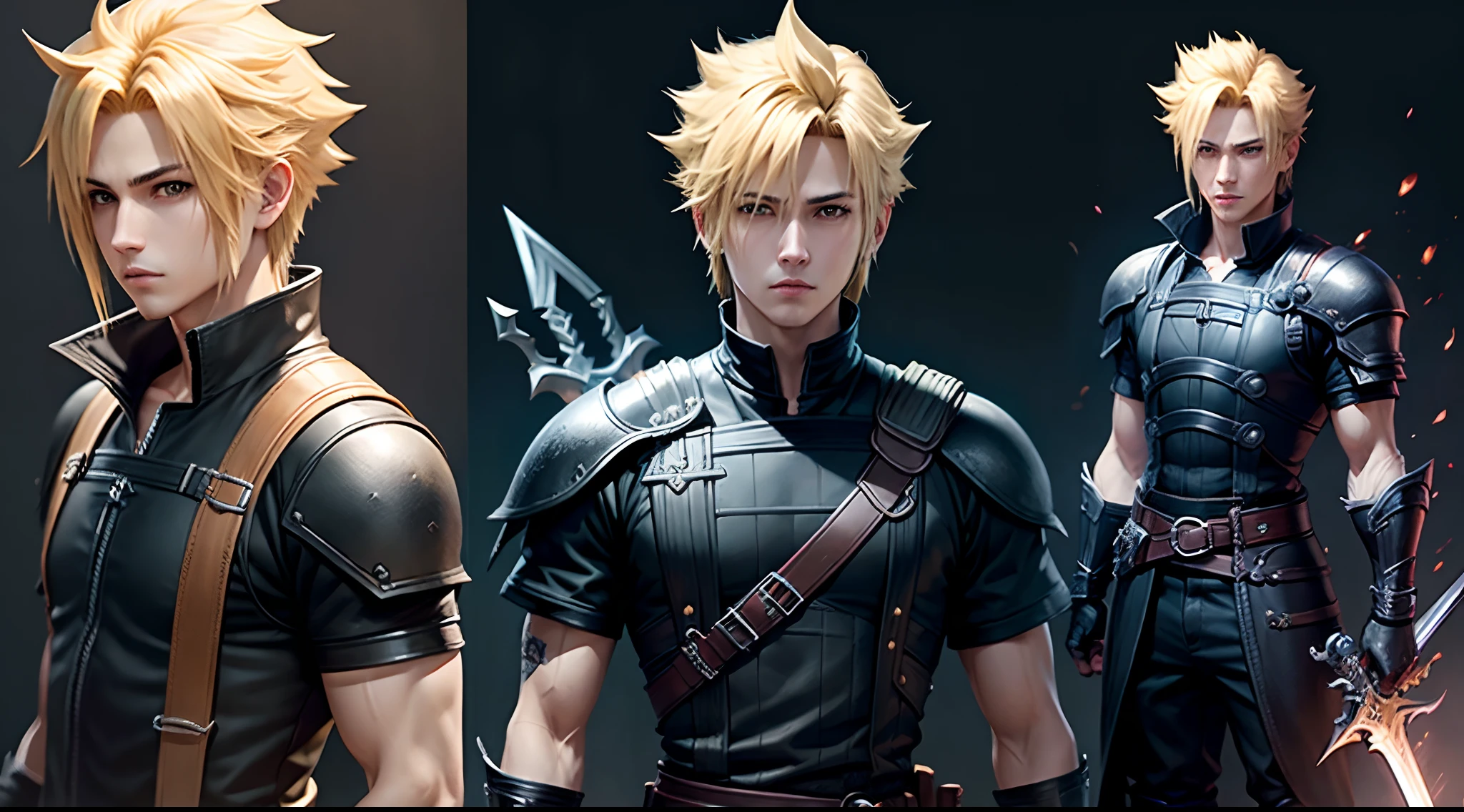Hair yellow boy holding a sword final fantasy character cloud Strife wearing black clothes