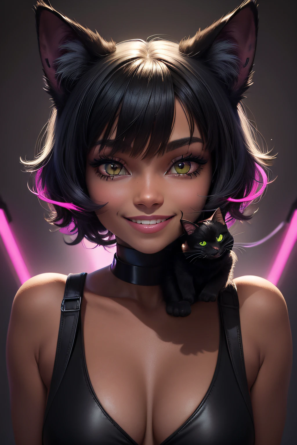 neon, balck cat,smile