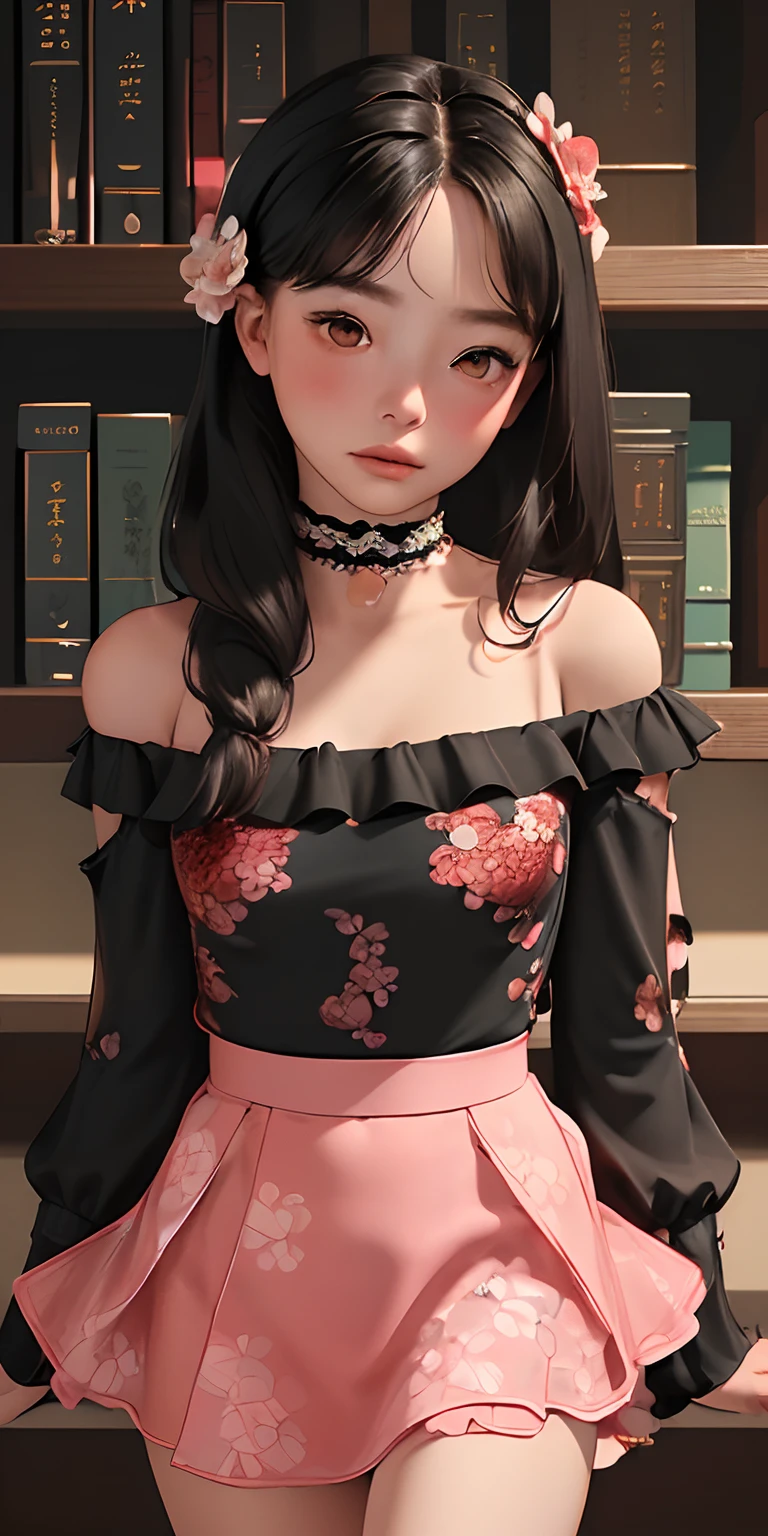 (top-quality、​masterpiece), 1girl in, intricate detailes, off shoulders, skirt by the, a choker, frilld, see -through, look at viewr, red blush, The upper part of the body, blurry backround, with floral pattern, Contrapo、atlibrary、big breast beauty、a miniskirt