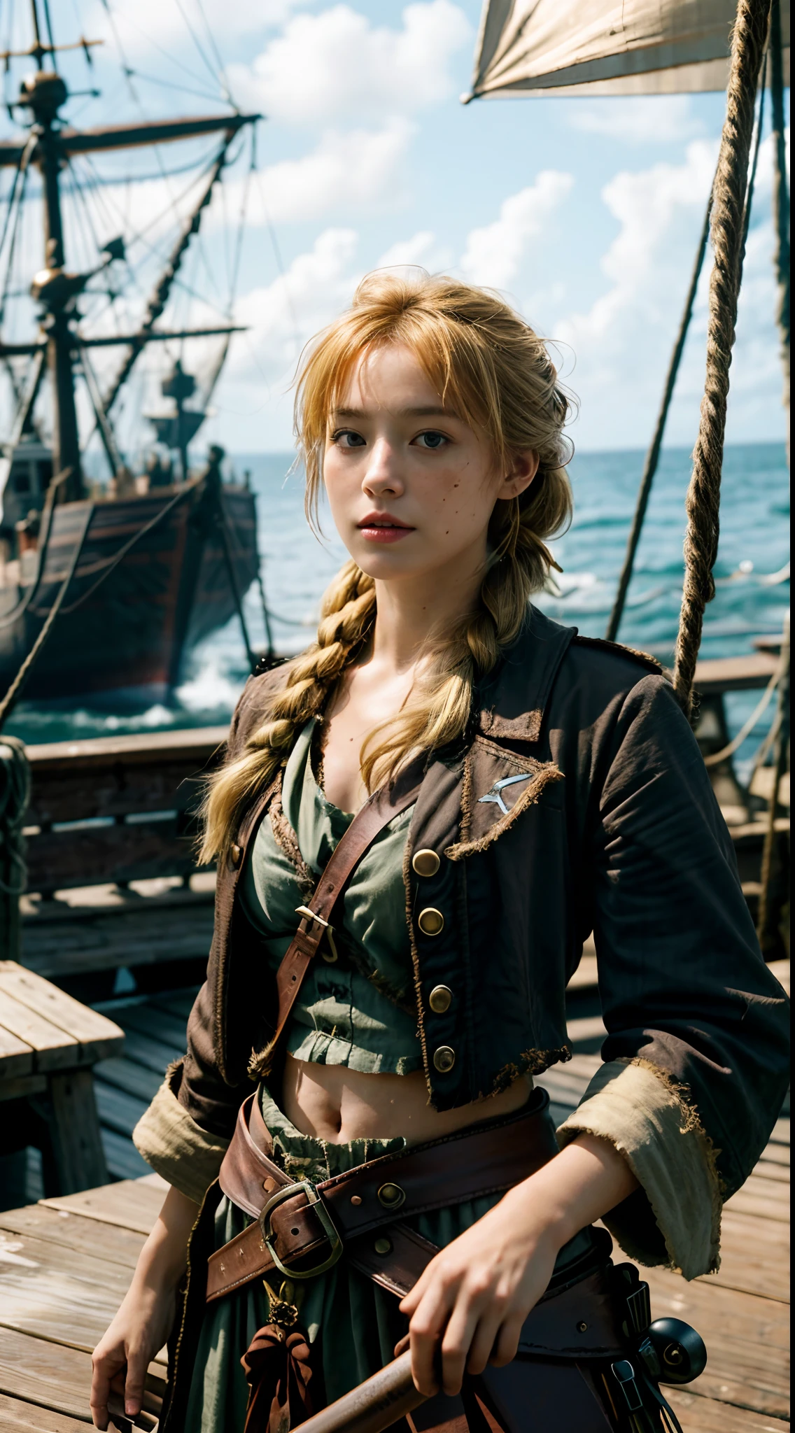 Dramatic lighting, Highest quality, film movie still, (Charming Anne Bonny, Dressed in dirty tattered pirate costumes, Stand on the deck of a pirate ship docked in a Caribbean port), grimy, Dark atmosphere, Toned body, (ripped clothing:0.8), Perfect face, view the viewer, (Detailed skin) [freckle], ((Dirty)), (muddy), (dark cloude:0.7), (Stormy weather:0.5), Dull, Natural lighting, (direct light:0.4), 8mm film grain, photographed on a Sony a9 II, 24mm lens, f/2.8 aperture, Deep focus, (primitive), 8K, (Stills from《The Lost Pirate Kingdom, blonde ponytail hair, brown braid hair, midshot, centered image, ultra detail, extremely face detail, extremely eye detail