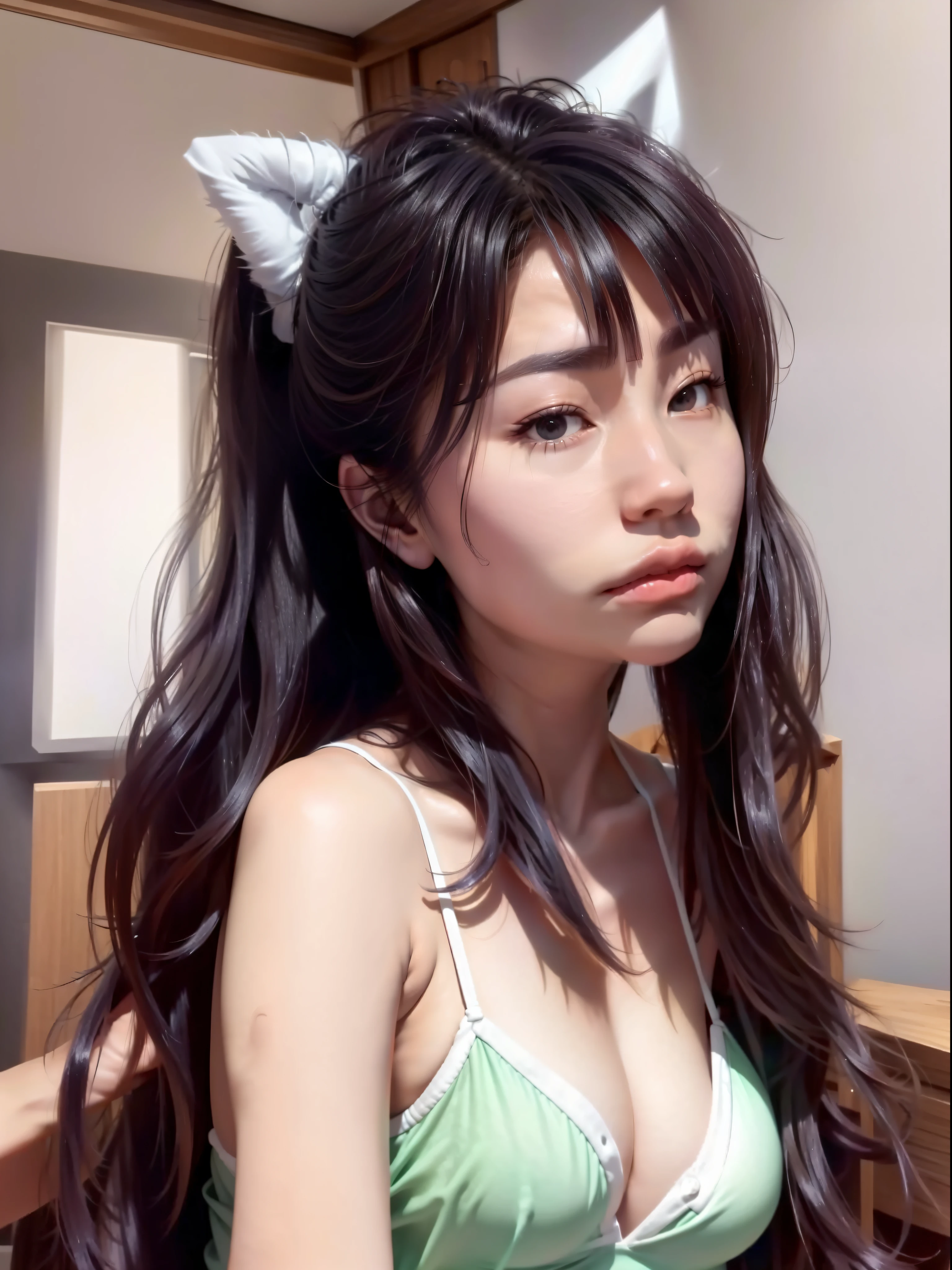 8yk、RAW photo、(masuter piece)、(finely best quality)、A high resolution、(Girl)、(hentail realism、Photorealsitic:1.2), Upper body、Red camisole、facing up、Skinny、14years、small tits、Eyes closed、Deep sadness、Sorrow、Looking Up The Sky、Open mouth、screeming、a room、Background blur