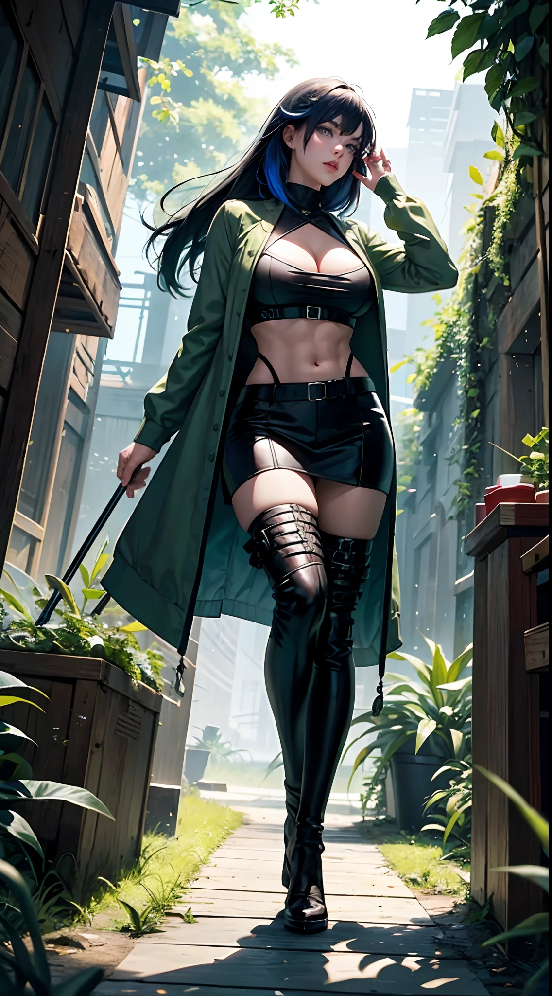 1girll, Abs beauty:1.3, (mid - length hair, huge tit:1.2), Sheer cardigan military uniform(Women's military uniform):1.1, Ultra-fine face, A detailed eye, 二重まぶた,Rainbow hair,eBlue eyes (fully body photo), Solo, 1 girl,standing on your feet,Fluorescent beach at night,Firefly Forest,fine art photography,(Movie Angle: 1.2),(Best quality, Detailed details, Masterpiece, offcial art, ,)