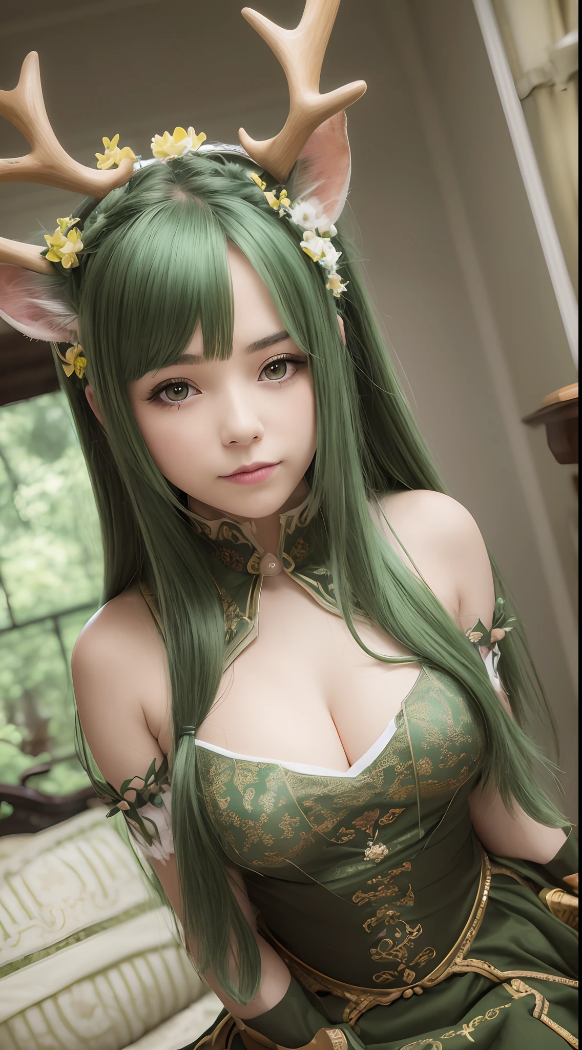 High-quality graphics,tmasterpiece,Bokeh,Green-haired beauty,Yellow vertical pupils,deer antlers,Maid decoration,Soft lighting,stooped,Playful,Sharp focus,Ultra-detailed,Portrait,landscape,Vivid colors,Soft lighting