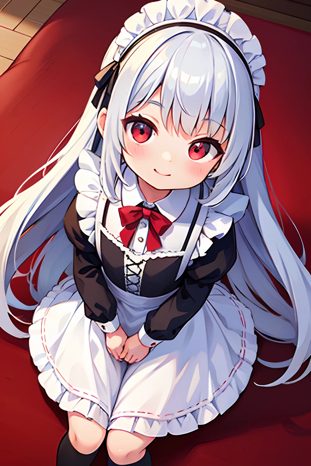 8K picture quality，silber hair,Red-eyed girl,cute little ,Long hair,Heartwarming,a miniskirt,ta,A smile,Thumbnail styles，maid clothes，fluffly，Looking down from above,A smile,full bodyesbian