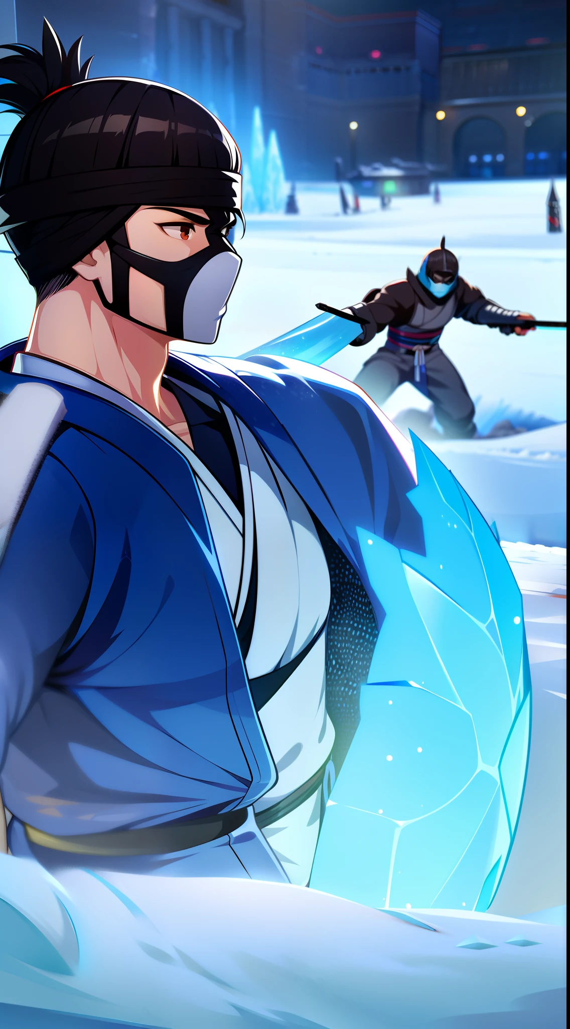 Grown-up guy, short black hair, high ponytail, Brown eyes, mask, blue shinobi kimono, Sleeveless, Sub-Zero, Cold, ice, blizzard, Battle-ax, Masterpiece, hiquality, 4k, HD, Good detail