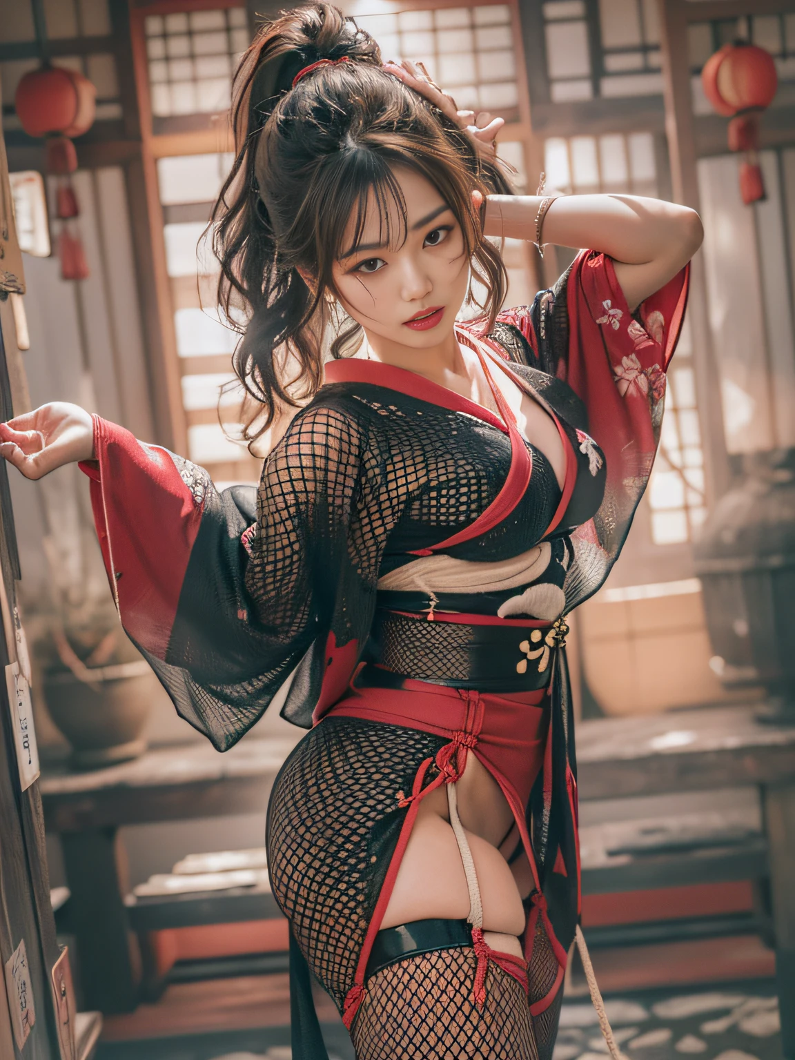 Ultra-realistic 8k CG,masterpiece,best quality,((very detailed face)),(photorealistic:1.4),absurdres,RAW photo,sunlight,((film grain)),1girl,high ponytail,very long hair,(lying:1.2),full body,(looking at viewer:1.2),high gloss skin,large breasts,(naughty_face:1.2),(arms behind back:1.2),((breasts out)),((high heels)),(spread legs:1.2),((fishnet legwear:1.3)),((nsfw:1.3)),((Red kimono:1.2)),Japanese style,( blush),(bondage_outfit:1.4),(dominatrix:1.3),shaking,struggling,((Masochistic tendency)),(traditional Japanese architecture Background:1.3),tatami,High resolution scan,close up,