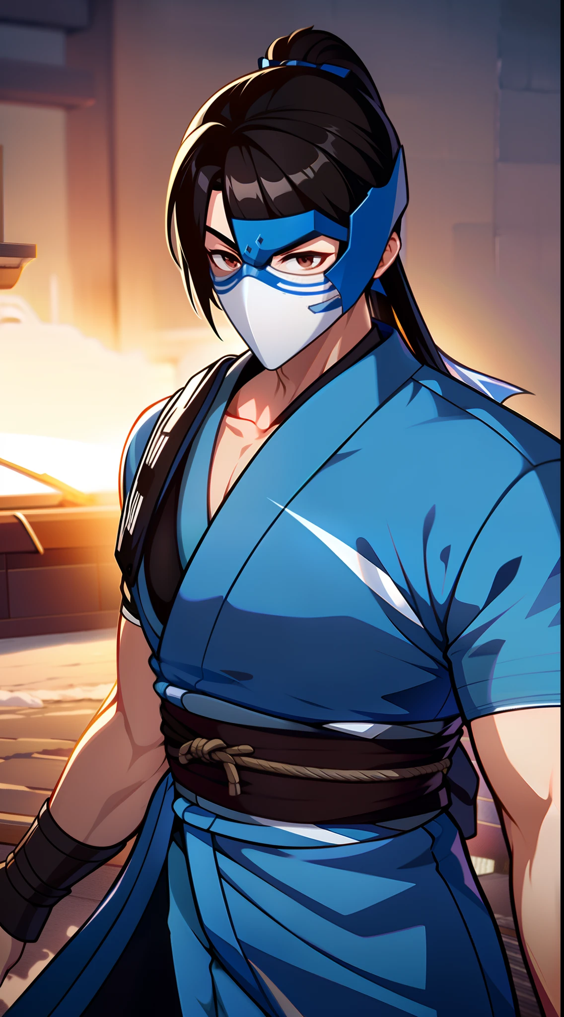Grown-up guy, short black hair, high ponytail, Brown eyes, mask, blue shinobi kimono, Sleeveless, Sub-Zero, Cold, ice, blizzard, Battle-ax, Masterpiece, hiquality, 4k, HD, Good detail