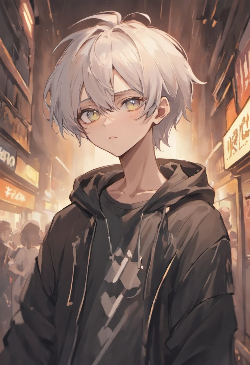 male skinny hipster with white hair and pointed ears, wearing small glasses, soft jawline, femboy, wearing black and white clothing (Pale skin tone) has short hair, wearing hipster outfit