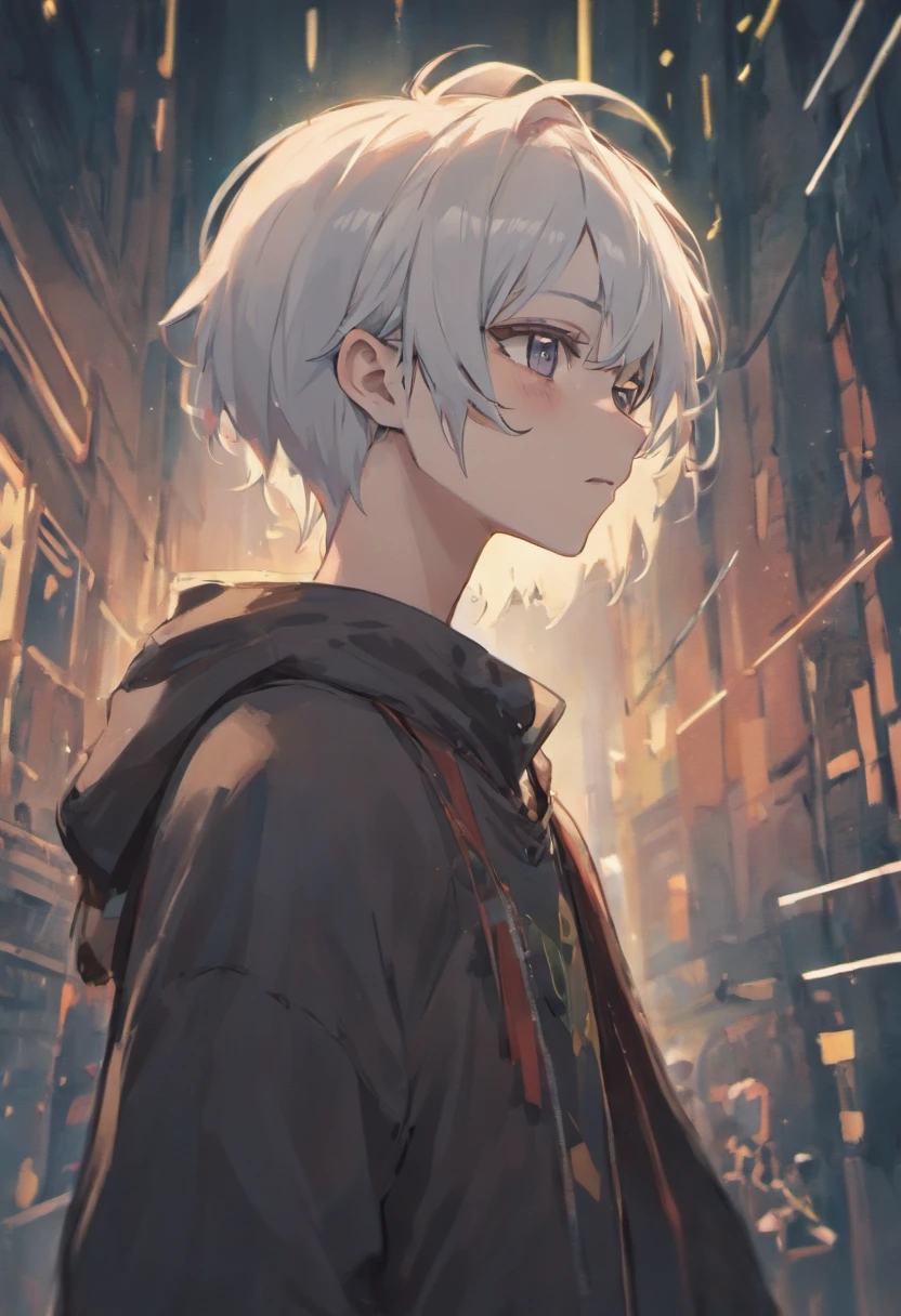male skinny hipster with white hair and pointed ears, wearing small glasses, soft jawline, femboy, wearing black and white clothing (Pale skin tone) has short hair, wearing hipster outfit
