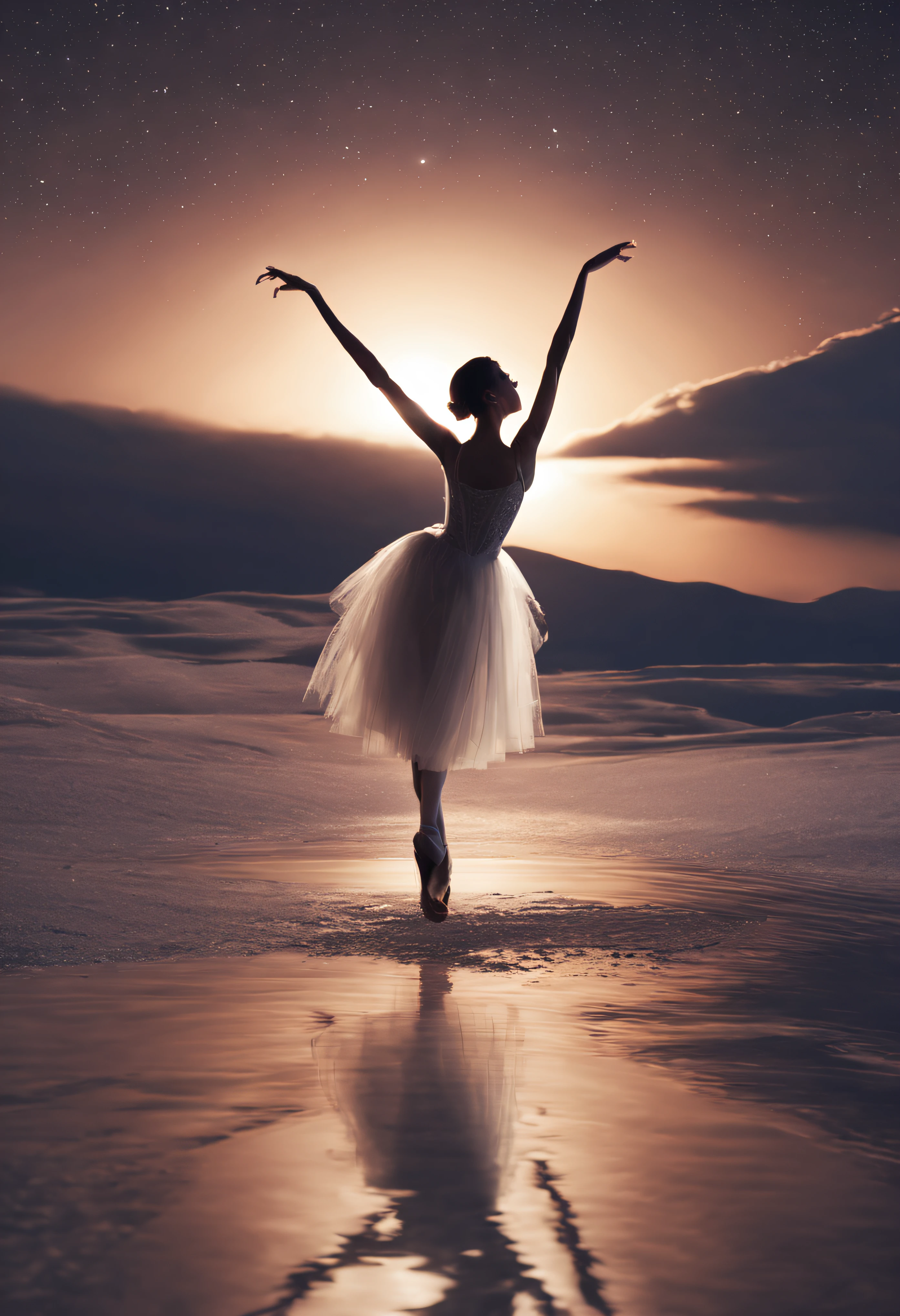 masutepiece, Original, from behind, Full body, Ballerina silhouette, ballet pose, Reach for the stars, Starlight reflected at her feet, Salt Flats Environment, Princess, sundress, Porcelain Skin, Long floating hair, Shimmering iridescent hair, Race trajectory, grateful, Natural moonlight, Ultra Wide Cinematic Shots, Dramatic Angle, Unreal Engine, Milky way, mirrornun, silhuette, light Particle, mirrornun