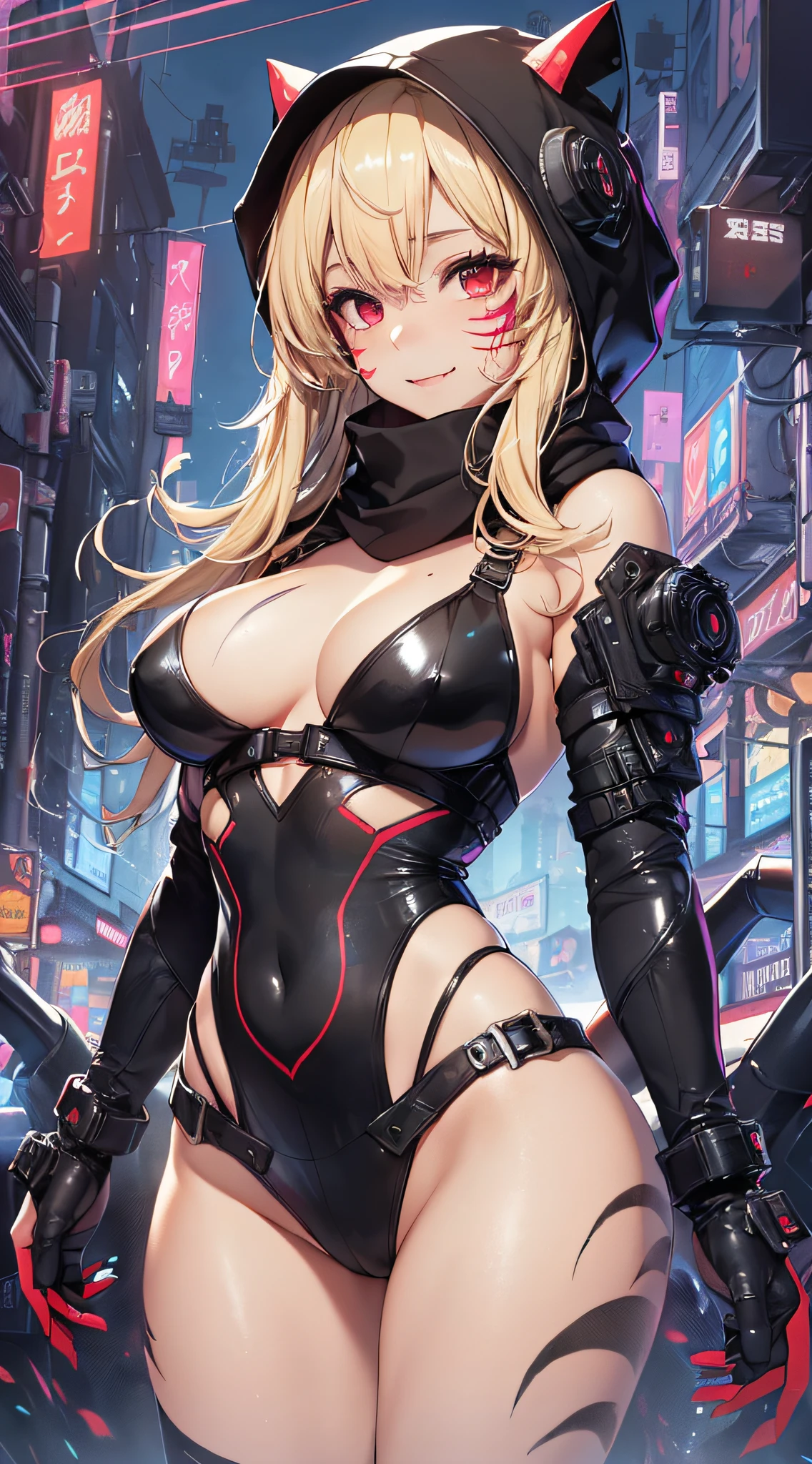 top-quality、Top image quality、masterpiece、girl with((18year old、Red and black and blue cybersuit、falda corta、Shining Cyber White Hoodie、Best Bust、Bust 90、Blonde Away Tail、Red Eyes、open chest wide、Valley、Happiness、A slender、ssmile、Red Face Paint、Black scarf、Reflecting the whole body、Slouched))hiquality、Beautiful Art、Background with((nightcity、cyberpunked、nightclubs))、masutepiece、Elaborate design、visualart、