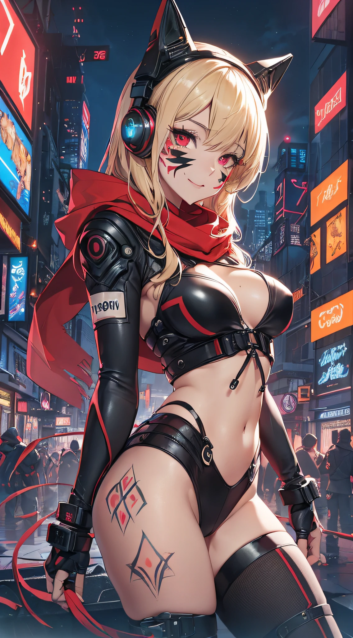 top-quality、Top image quality、masterpiece、girl with((18year old、Red and black and blue cybersuit、falda corta、Shining Cyber White Hoodie、Best Bust、Bust 90、Blonde Away Tail、Red Eyes、open chest wide、Valley、Happiness、A slender、ssmile、Red Face Paint、Black scarf、Reflecting the whole body、Slouched))hiquality、Beautiful Art、Background with((nightcity、cyberpunked、nightclubs))、masutepiece、Elaborate design、visualart、