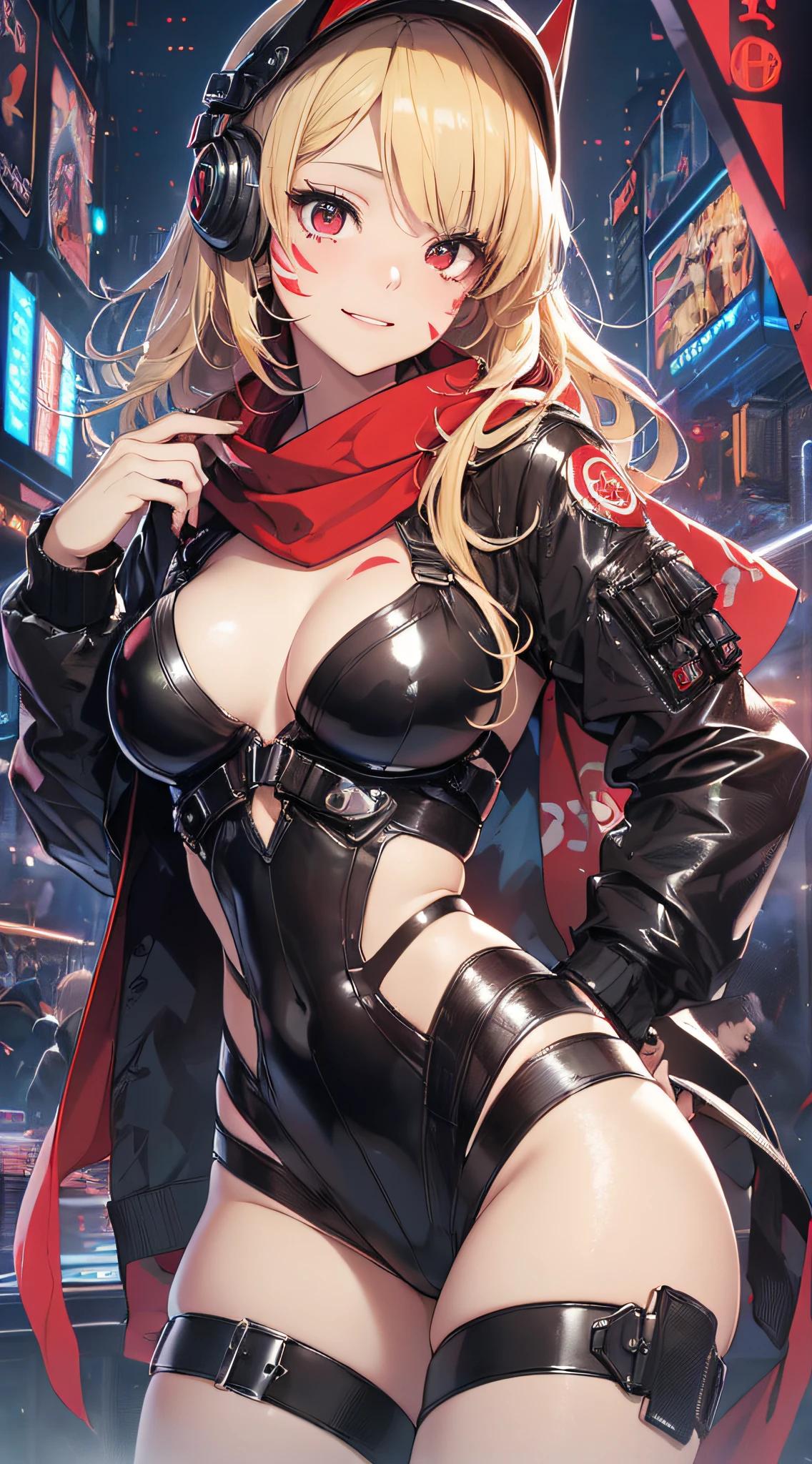 top-quality、Top image quality、masterpiece、girl with((18year old、Red and black and blue cybersuit、falda corta、Shining Cyber White Hoodie、Best Bust、Bust 90、Blonde Away Tail、Red Eyes、open chest wide、Valley、Happiness、A slender、ssmile、Red Face Paint、Black scarf、Reflecting the whole body、Slouched))hiquality、Beautiful Art、Background with((nightcity、cyberpunked、nightclubs))、masutepiece、Elaborate design、visualart、