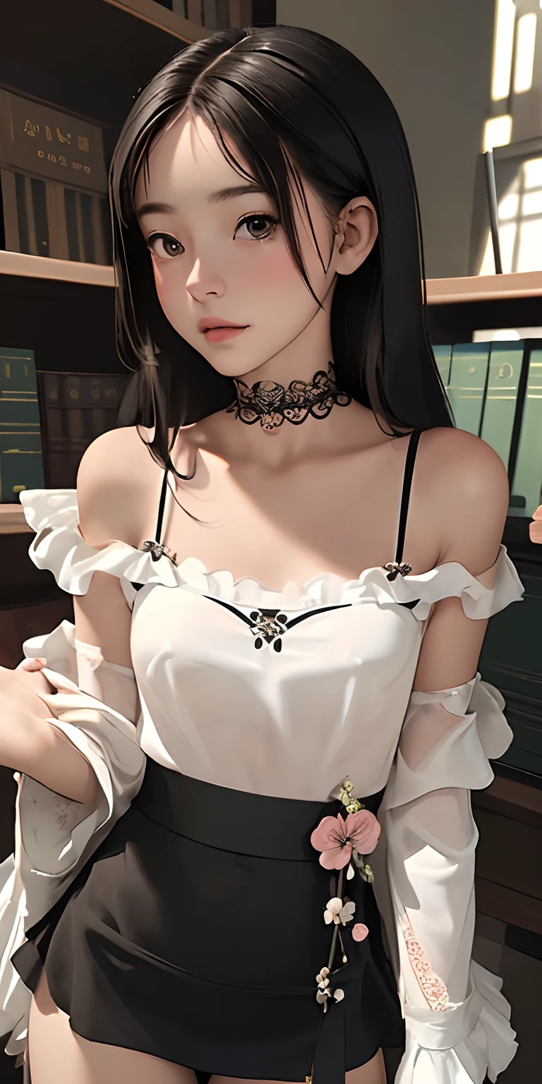 (top-quality、masterpiece), 1girl in, intricate detailes, off shoulders, skirt by the, a choker, frilld, see -through, look at viewr, The upper part of the body, blurry backround, with floral pattern, Contrapo、atlibrary、big breast beauty、a miniskirt、Underpants