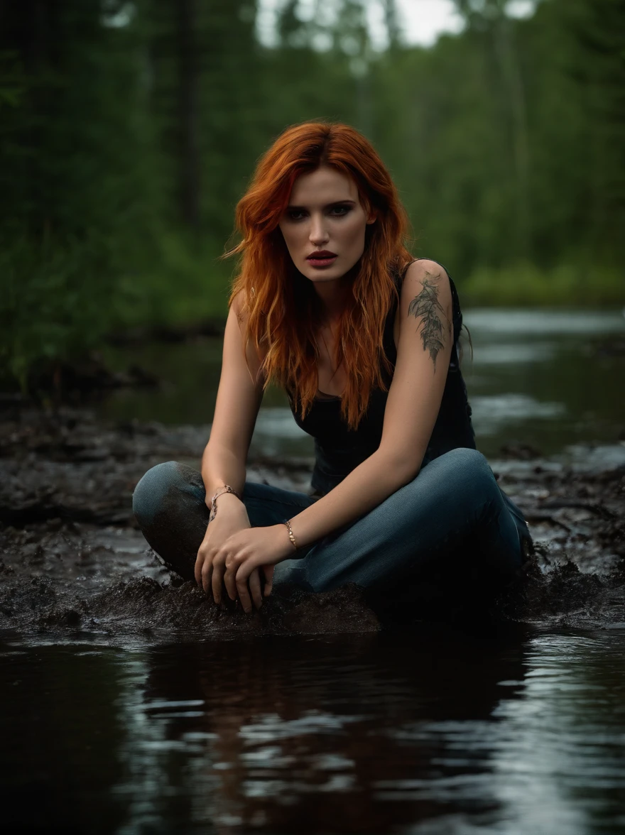 (Hyperrealistic photo, Ultra Detailed, Raw, tmasterpiece, Dynamic frame), Dark Forest, night time, (darkly, Black Sky:1.4),red glow, Red moon through the clouds, Dark ritual, when (Bella Thorne drowns in swamp mud:1.2). wearing jeans. Tatoo. strong blush, sweat on face. We see, that she experiences a mixture of despair and sexual ecstasy. Bella Thorne desperately tries to get to the surface, but the mud is pulling her down, She looks around in confusion,