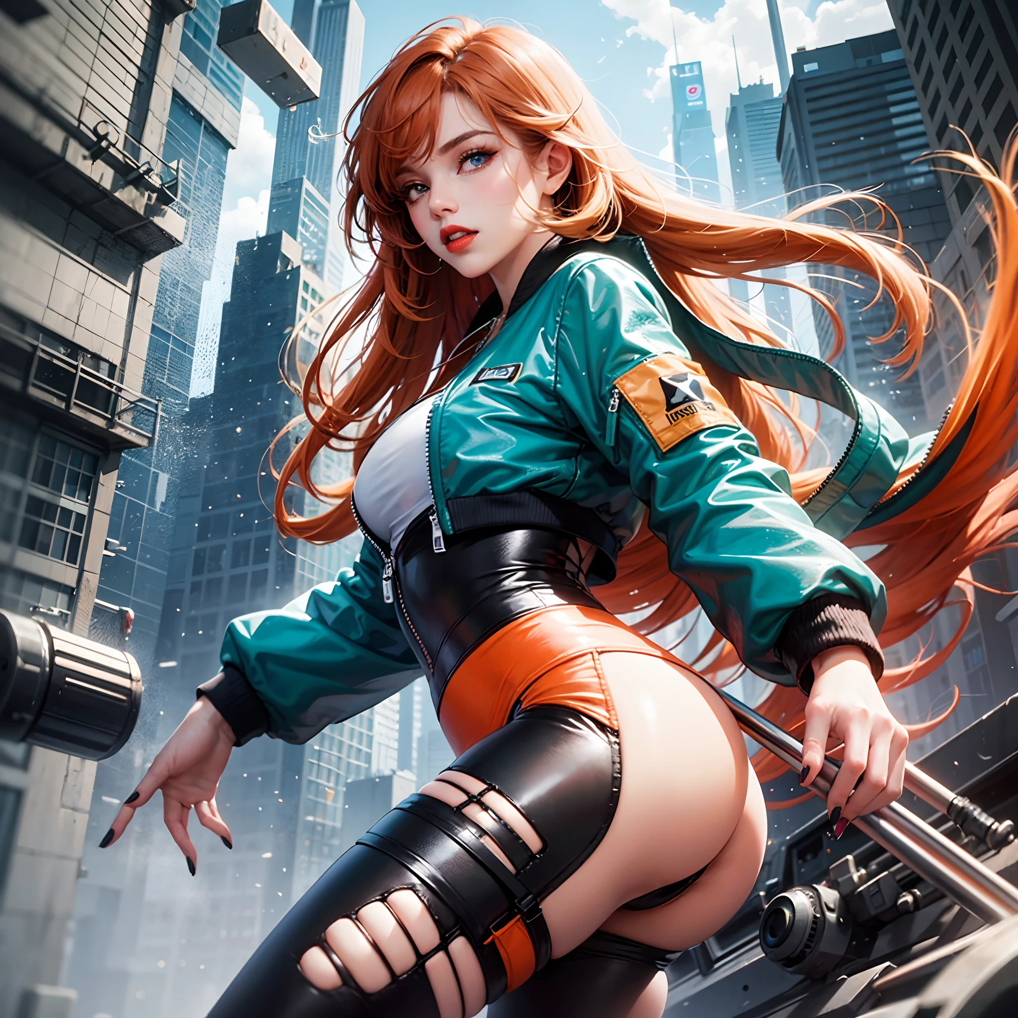 1girl, young, ((leggings, retro bomber jacket 80s)), solo, official art, unity 8k wallpaper, ultra detailed, beautiful and aesthetic, masterpiece, best quality, shiny skin, the most beautiful form of chaos, elegant, a designed brutalist, bright colors, romanticism, ((Fairytaleai)), big ass, red nails, long hair with bangs, orange hair, light blue eye, dark red lips