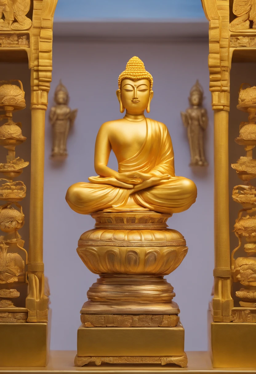 Siddhartha Buddha's golden sculpture in a tample, Offered with candles, long shot, hyper realistic, hyper detailed, masterpiece, photorealistic,8k.