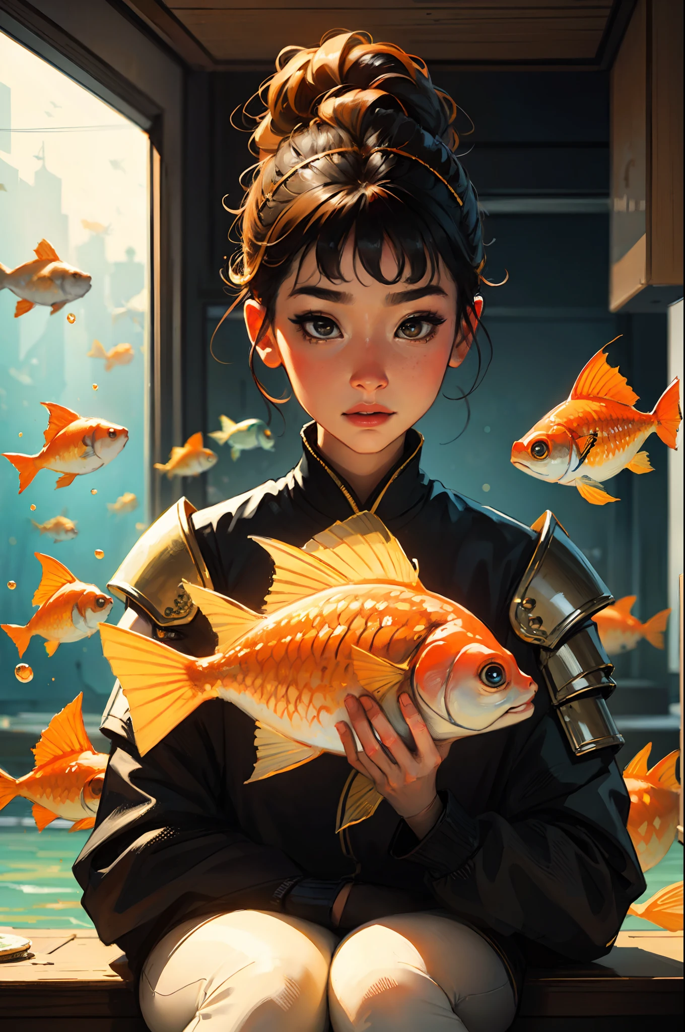 painting of a woman with gold fish on her head, a surrealist painting inspired by Tran Nguyen, cg society contest winner, pop surrealism, adrian borda, valentina remenar, francine van hove, pisces, ray swanland, magalie villeneuve, fishes, “diamonds, chie yoshii, esao andrews : : ornate, raphaël, in goldfish armor