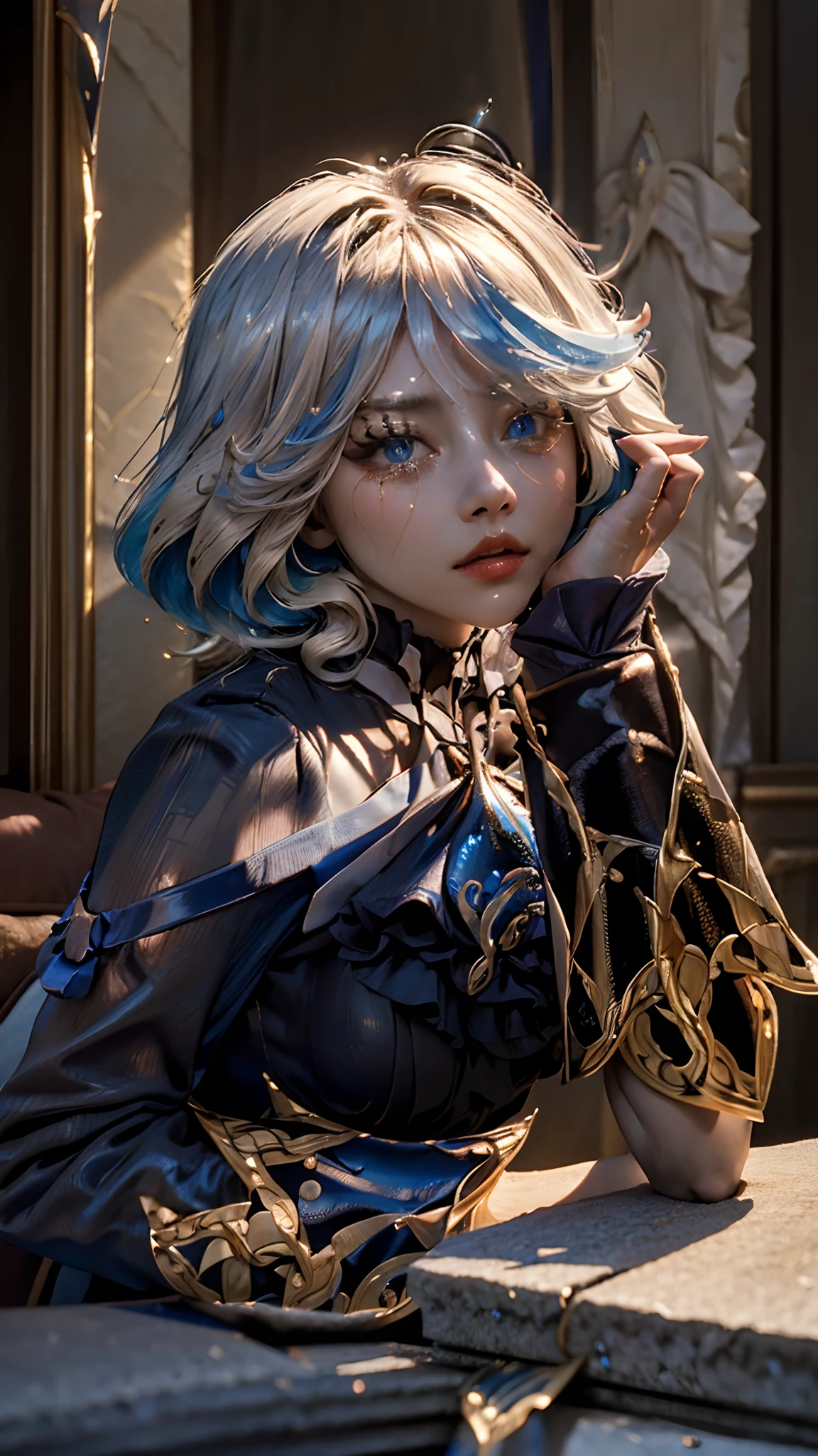 Furina in gensin impact like a queen poses sword holding , Masterpiece – Masterpiece ○○ quality – ○○ quality best quality(Highest Quality) , High quality(hiquality) etc ○○ detailed – ○○ details ultra detailed(Ultra-fine ) , Extremely detailed(Extremely detailed) , Finely detailed(Fine-grained) etc ○○ res – ○○ resolution ultra high res(超A high resolution) , very high res(hight resolution) etc Realistic – Realistic Photorealistic – photorealistic beautiful – beautiful 4k , 8K , 16K – 4K image quality , 8K , 16k distinct – clearly Best Aesthetic – Supremely Aesthetic ,Marie Antoinette,Palace of Versailles,ue,1 persons,up hairstyle 、((((fullnude))))、(((face that seems to cry)))、(((sweat-wet skin)))