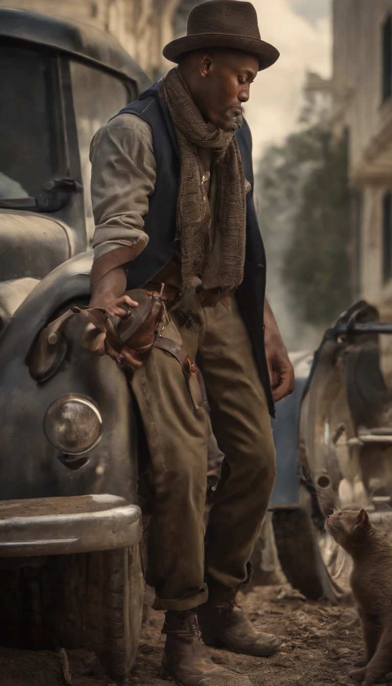 An image of a black cat in a hat and scarf holding a shotgun in its paws,Trends in Art Station,Wear punk clothes,Ultra-realistic detailed rendering,urban style,intimidating pose,planet of cats,Fashionable outfit,urbansamurai,cat,Wearing a work hat,Moving bricks on a construction site