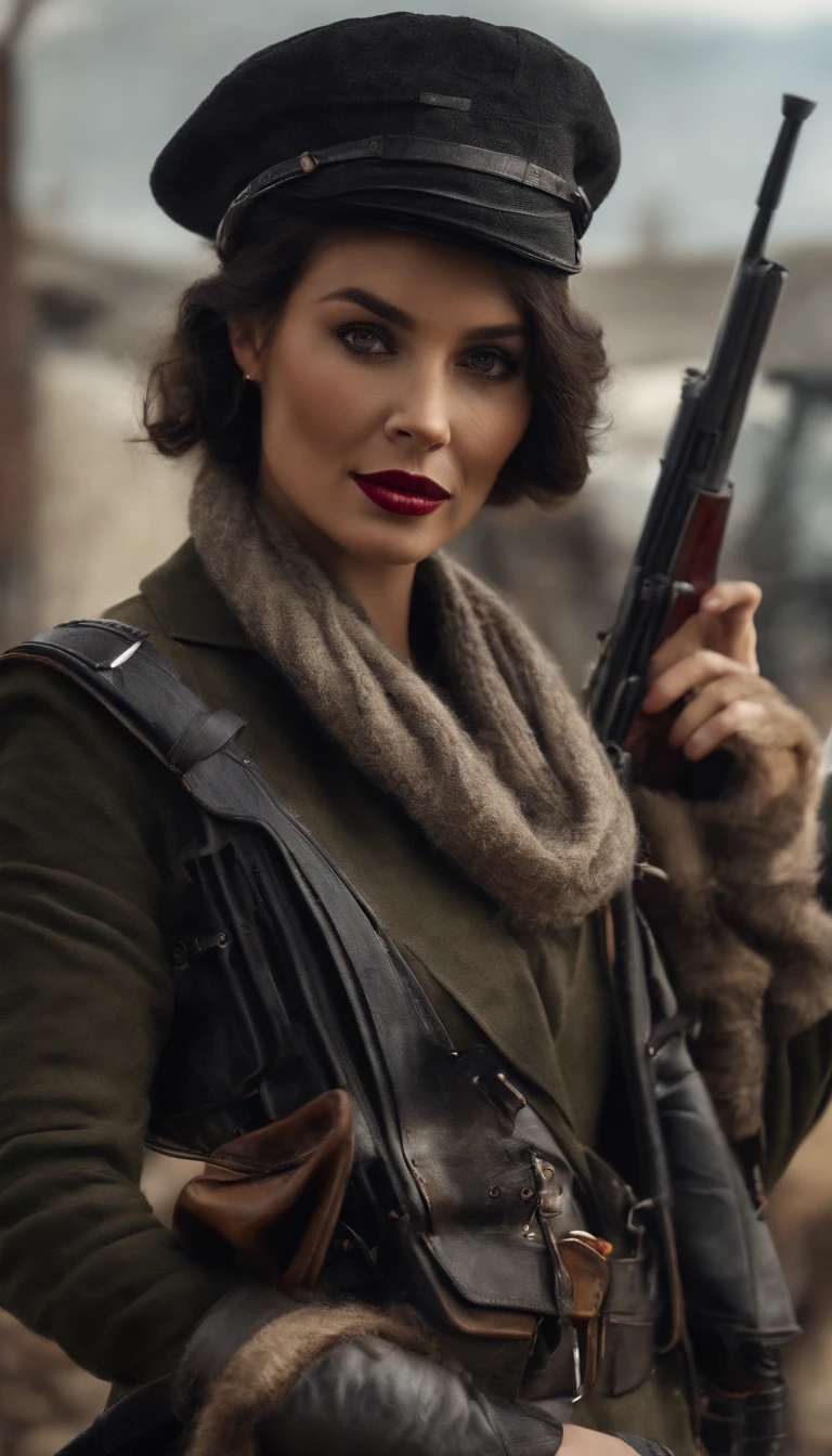 An image of a black cat in a hat and scarf holding a shotgun in its paws，Trends in Art Station，Wear punk clothes，Ultra-realistic detailed rendering，urban style，intimidating pose，planet of cats，Fashionable outfit，urbansamurai，cat，Wearing a work hat，Moving bricks on a construction site