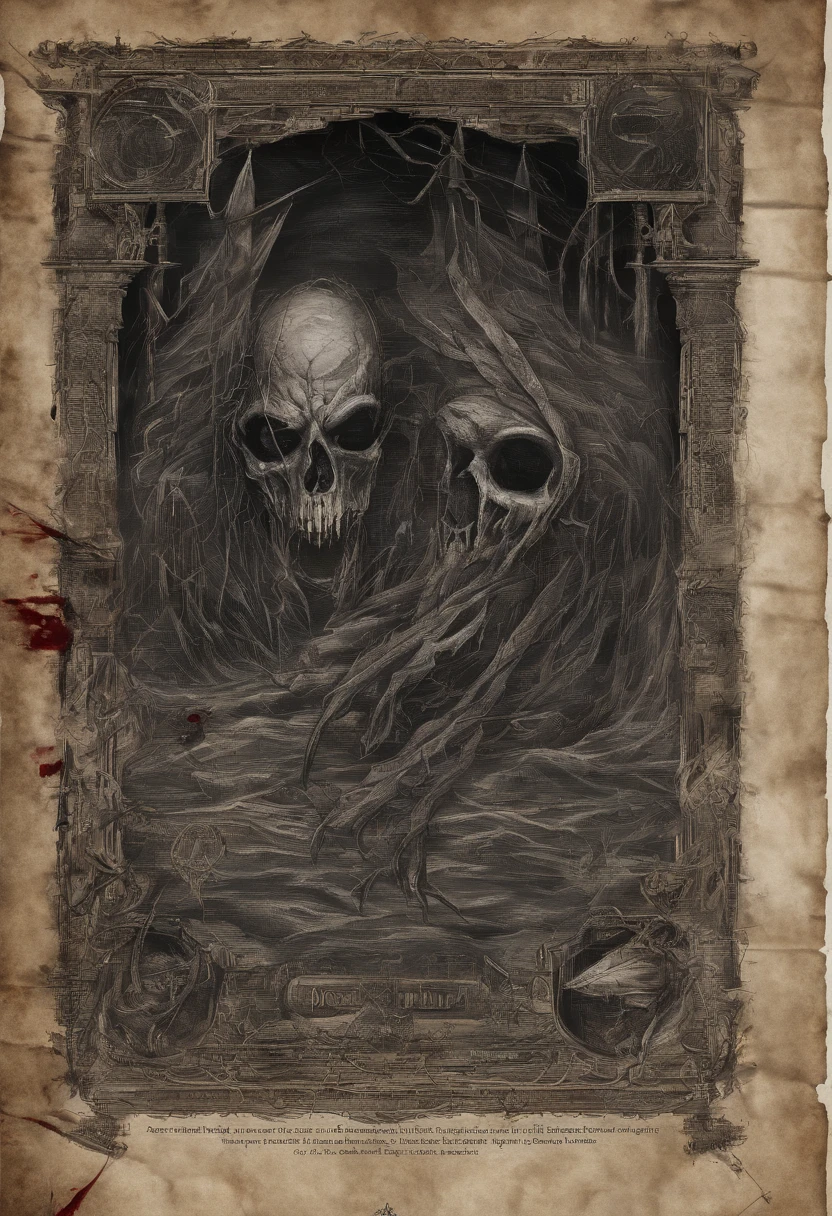 A spooky scroll of parchment,Stained with blood,A pair of eyes peeping into the darkness