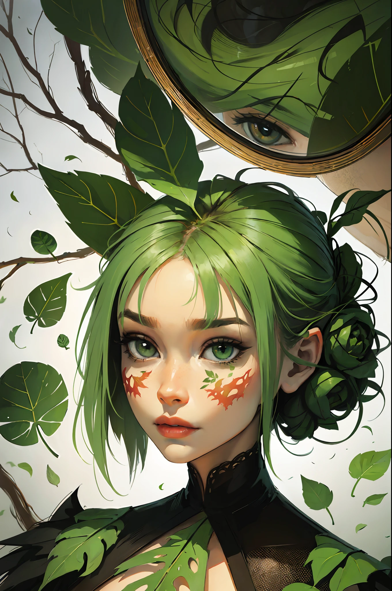 a woman with a leaf on her face and a mirror in her face, a surrealist painting inspired by Igor Morski, trending on pexels, ecological art, woman made of plants, surrealisme aesthetic, surreal collage, a contemporary artistic collage, amidst nature, focus on generate the face, green face, mother nature, made of leaves, hyperrealistic aesthetic