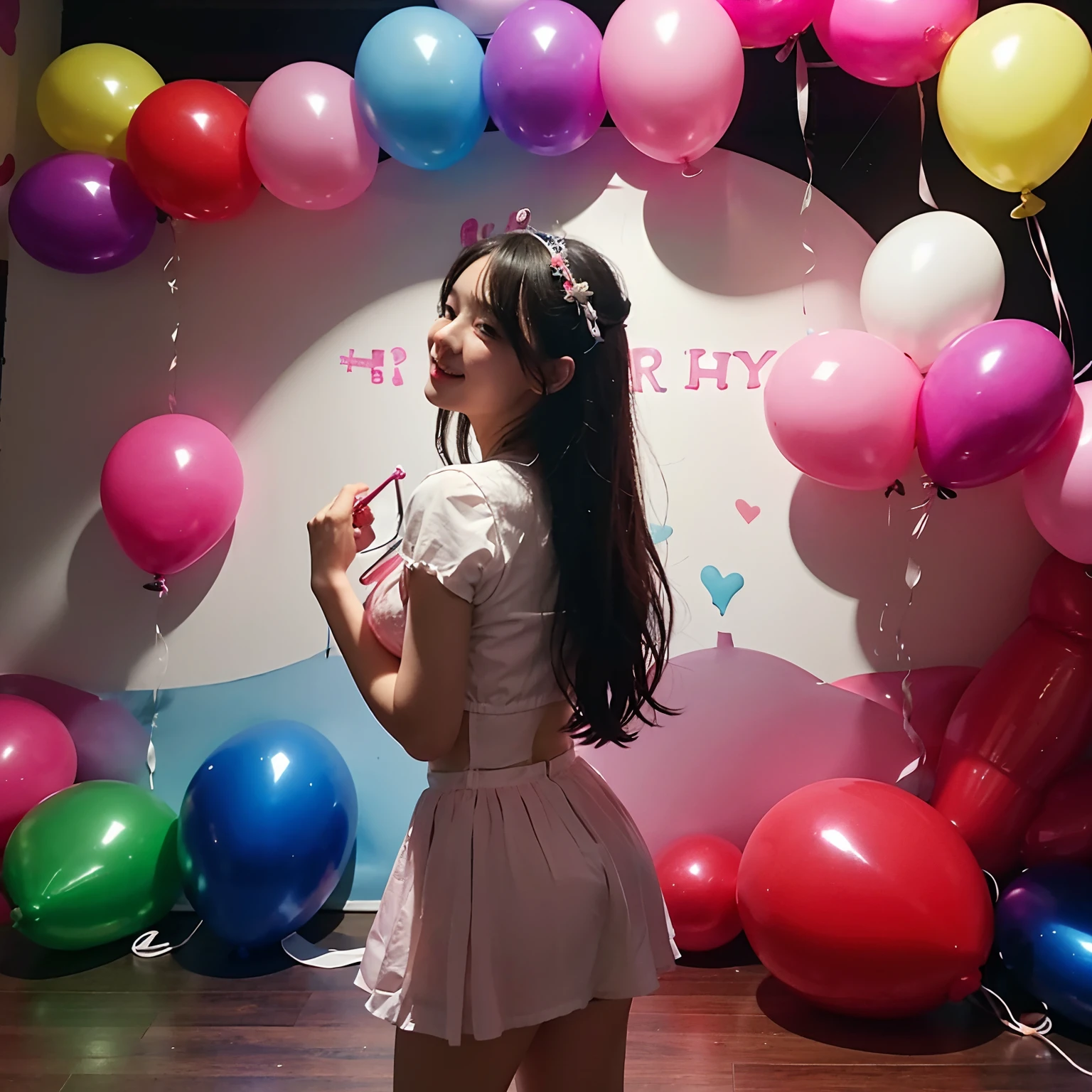Alaf with cake and balloons in front of the wall, fairycore, Party Balloon, birthday party, by Ayami Kojima, baloons, a cakeใ, โค๐ฅ๐๐ช, ๐๐๐โบ๐๐๐, Decorated height, Balloons, 8K)), ๐คฌ ๐คฎ ๐ ๐, romantic theme, happy birthday