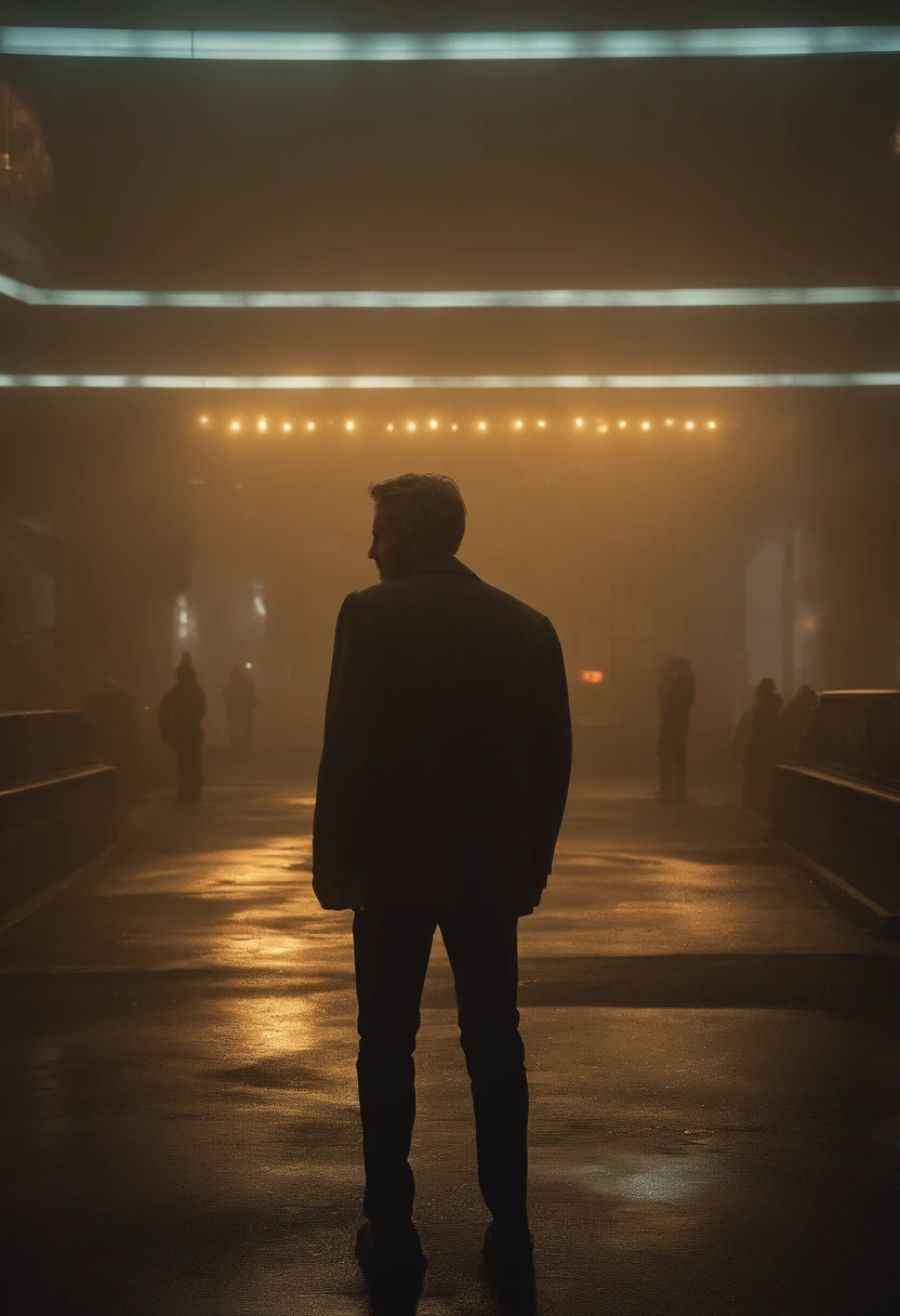 "Joe, the enigmatic protagonist of Blade Runner 2049, finds himself standing at the edge of a bustling metropolis. As he gazes into the neon-lit cityscape beneath a stormy, smog-filled sky, he notices a decrepit building in the distance. Intrigued by its mysterious aura, Joe decides to venture inside. Unbeknownst to him, deep within its walls lies a hidden laboratory, where cutting-edge AI technology allows him to generate vivid images of memories from his past. As he steps through the dilapidated doorway, Joe's mind begins to wander back to a time when he was just a child, growing up in a distant, serene countryside. With each image that materializes before him, he unravels fragments of his forgotten past, piecing together the puzzle of his own existence. Write a scene depicting Joe's exploration of this AI-generated memory landscape, where he encounters an unexpected figure from his past, leading him closer to uncovering his true identity."