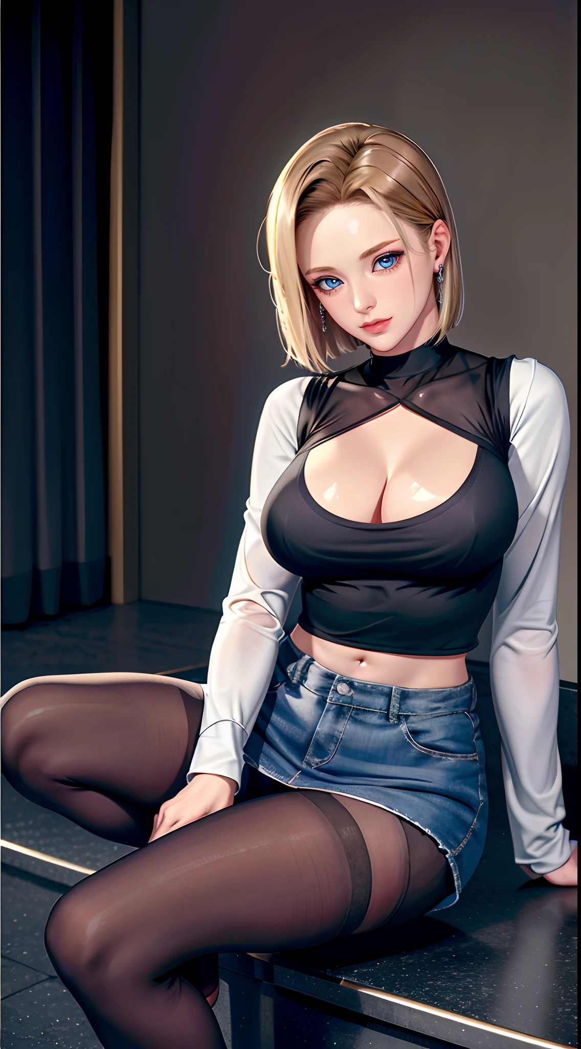 and 18, 1girll, Android 18, 独奏,Android 18 database, (((blond hairbl, eBlue eyes, short detailed hair,耳Nipple Ring, jewely, laughingly,self-assured))),((Masterpiece)),A high resolution, ((Best quality)),tmasterpiece,top-quality,best qualityer,((( looking at viewert, There is light in the eyes)))
