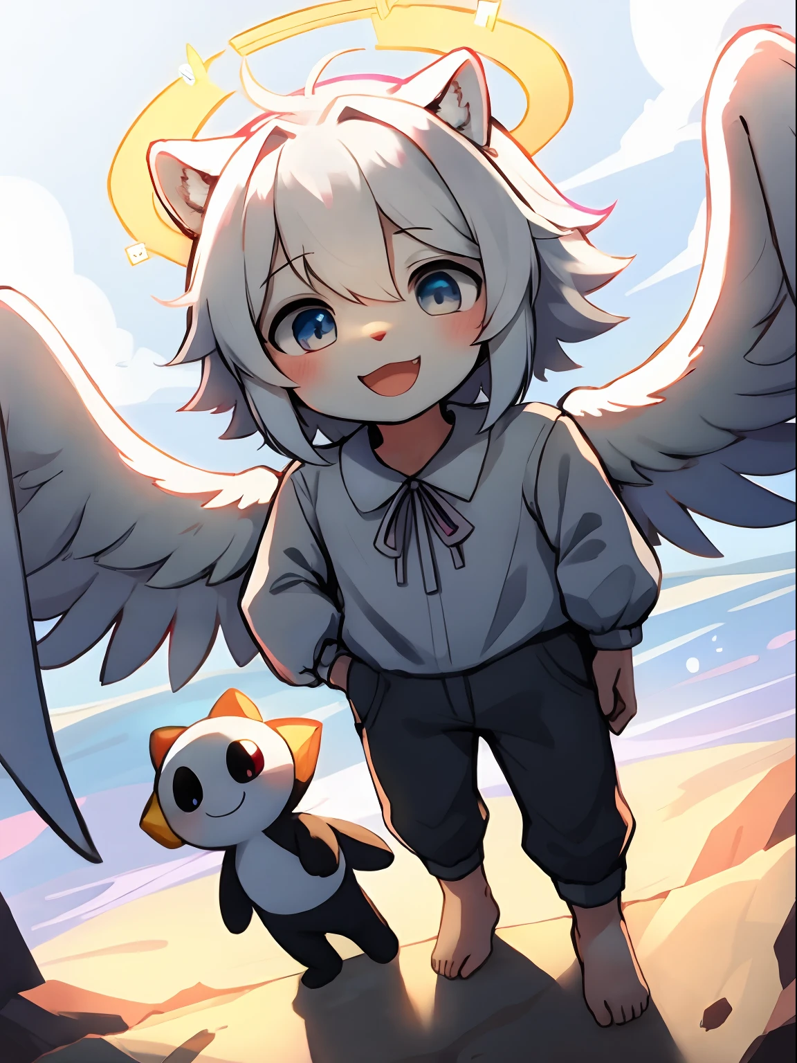 Shota,White color hair ,male people,Q version,(ddlers,ba adolable, standing on your feet, Master masterpieces, A high resolution,8K,detailedbackground,high high quality,Libido boy,(((独奏))),(Angel wings,angelic halo,White clothes,The barefoot:0.6),looking at viewert,angle of view,From above,Dreamlike,magical,baiyun,(Warm light source:1.2),upper sky,On the clouds,A happy expression,shorter pants