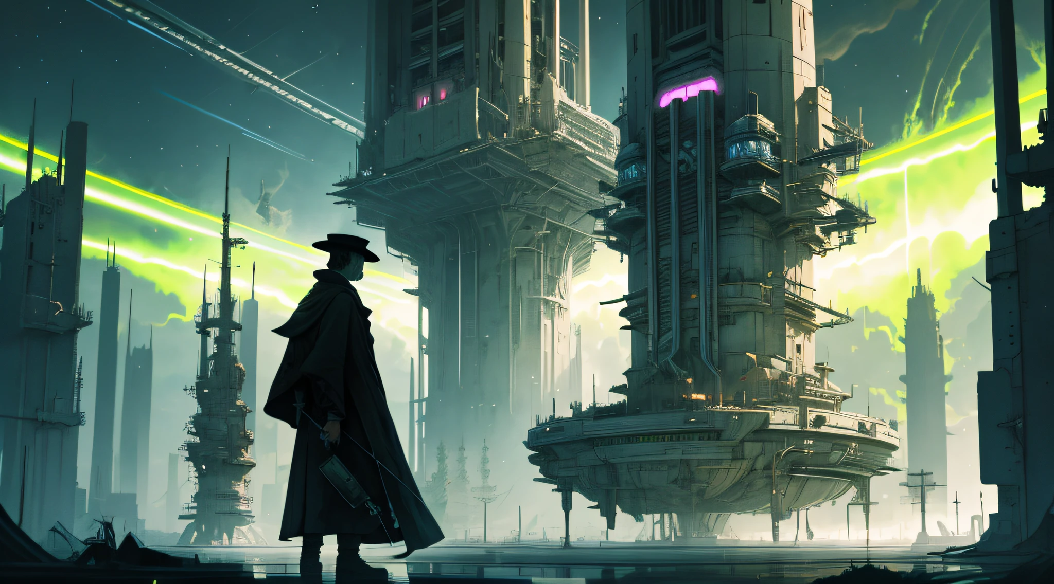 [William Blake in Bespin], [A futuristic version of the English poet and painter William Blake, standing on a platform in the middle of a gas planet surrounded by towering, metallic structures, staring in wonder while holding a glowing, ethereal book containing his latest works.], [The harsh, industrial environment of Bespin, with the poisonous gas clouds and metallic buildings looming over William Blake], [Awe-inspired and curious], [Eerie and otherworldly], [The neon-lit buildings cast a flickering, green glow, while the gas clouds above create an otherworldly mist that accentuates the surreal atmosphere]