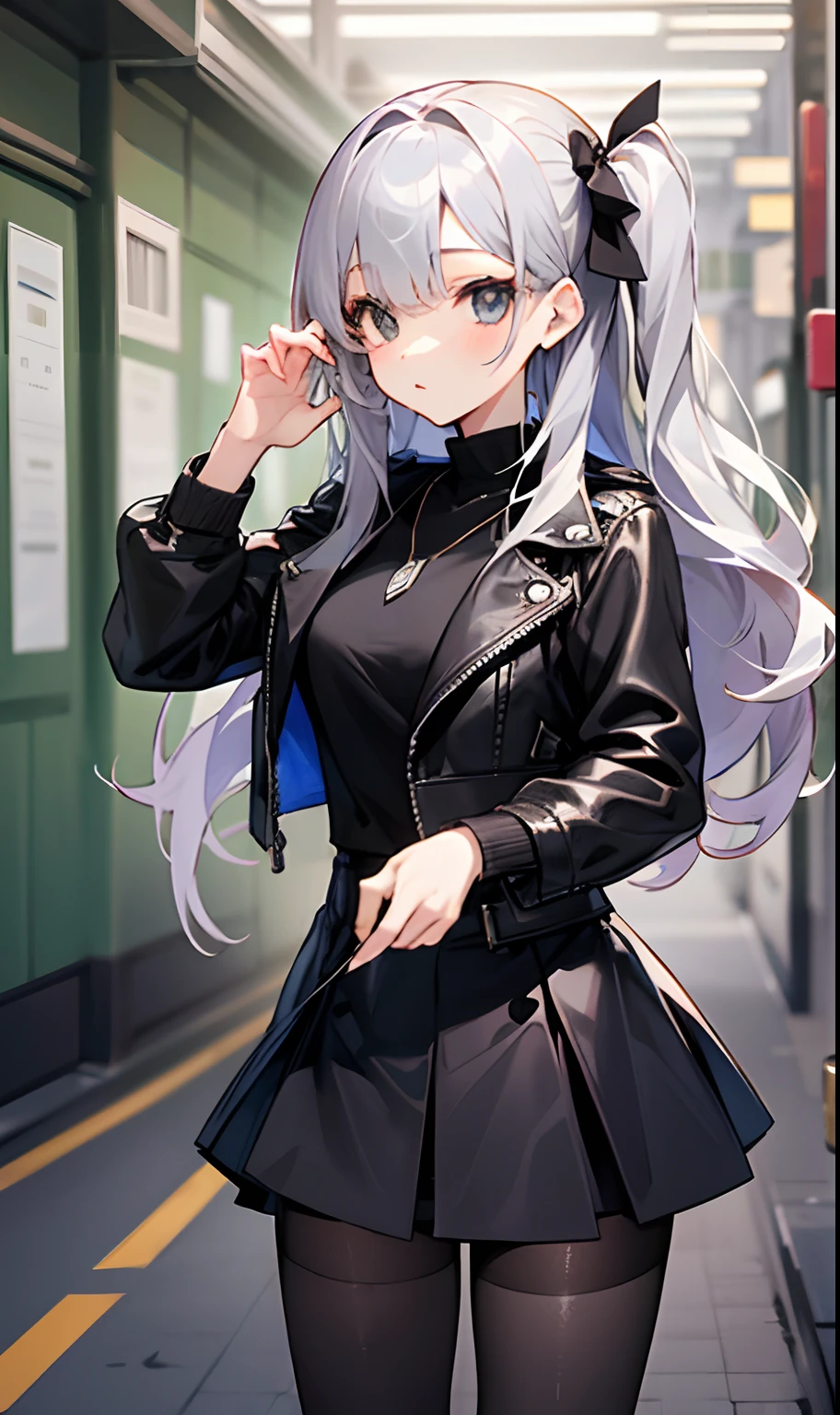 femele、Silvery long hair、Gray eyes、a black ribbon、Black leather jacket、Green cuffs、Black miniskirt、Black tights、Blue pendant