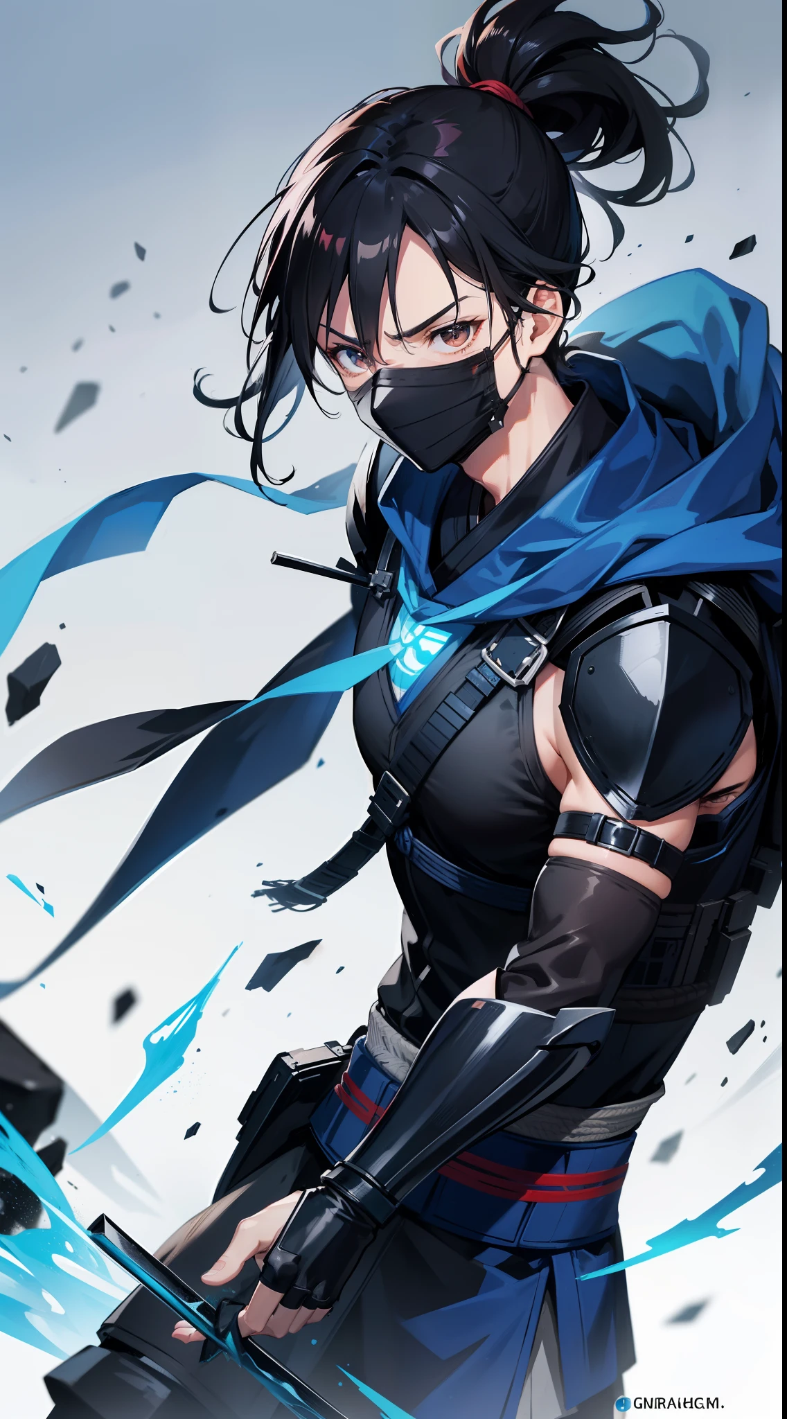 Grown-up guy, short black hair, high ponytail, Brown eyes, mask, blue shinobi kimono, Sleeveless, Sub-Zero, Cold, ice, blizzard, Battle-ax, Masterpiece, hiquality, 4k, HD, Good detail