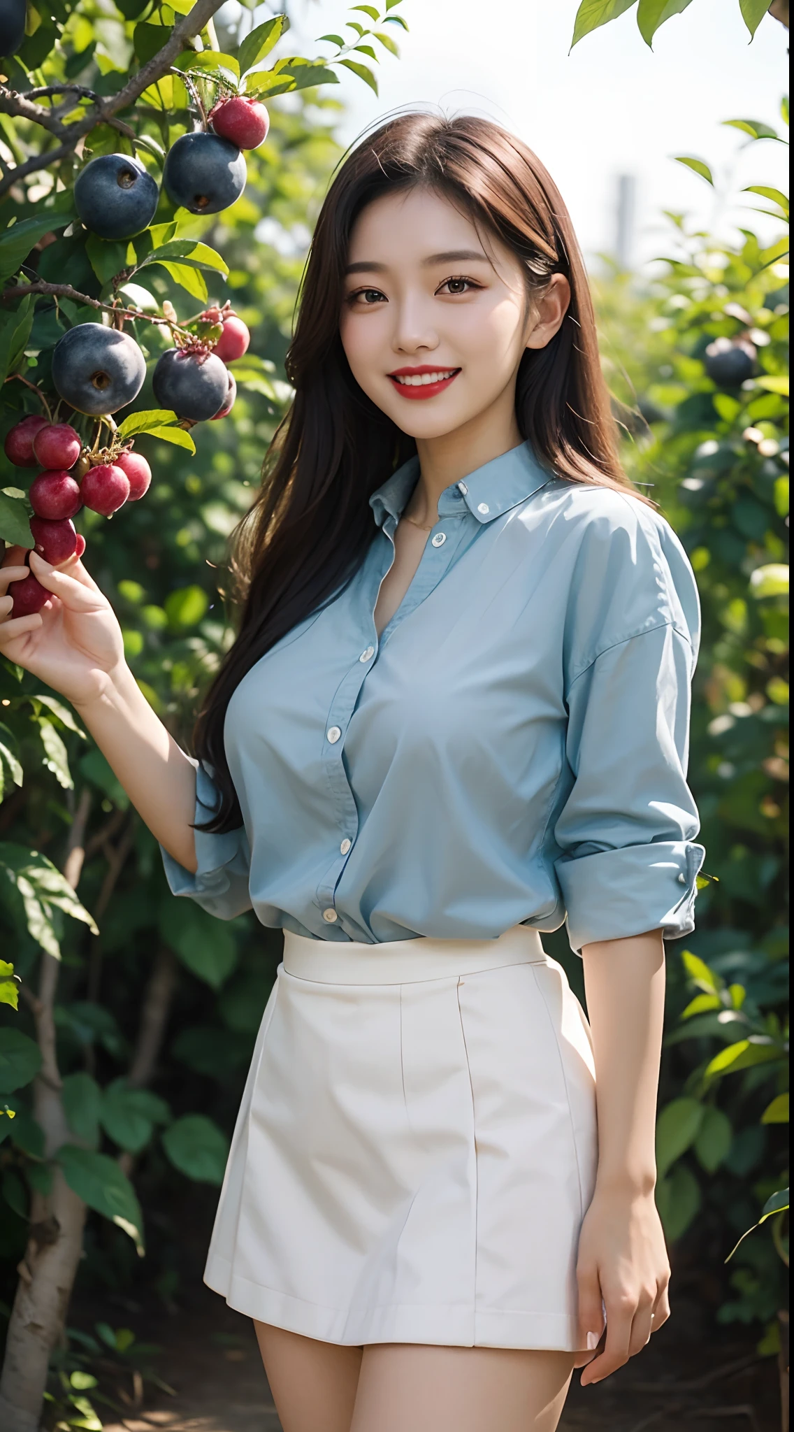 best quality, 4k, 8k, Detailed faces, clear face, pretty girls, Korean makeup, Red lips, laugh, perfect body, big breasts, thigh, Skirt, shirts, View of orchards, fruit trees,