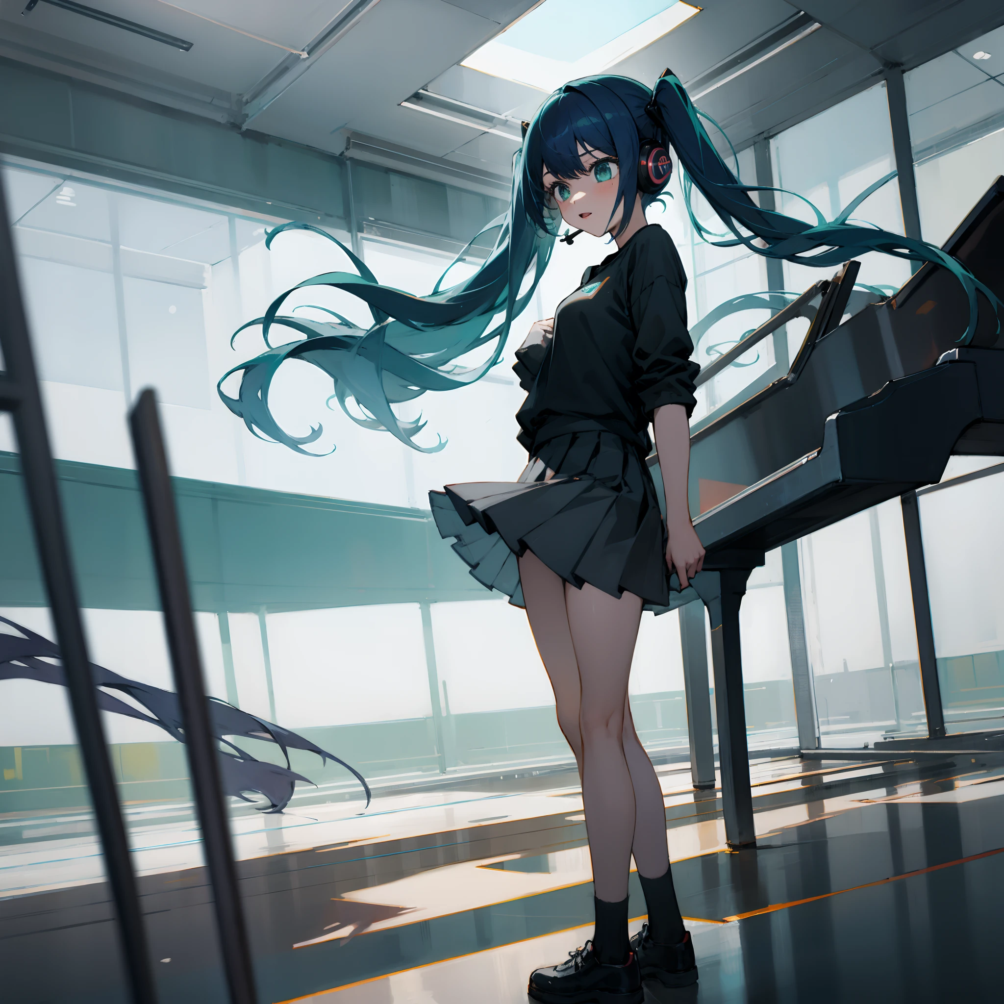 ((masterpiece,best quality))1girl, solo, black skirt, blue eyes,, headphones, long hair, , music, one side up, teal hair, twin tails, pleated skirt, black shirt, indoors