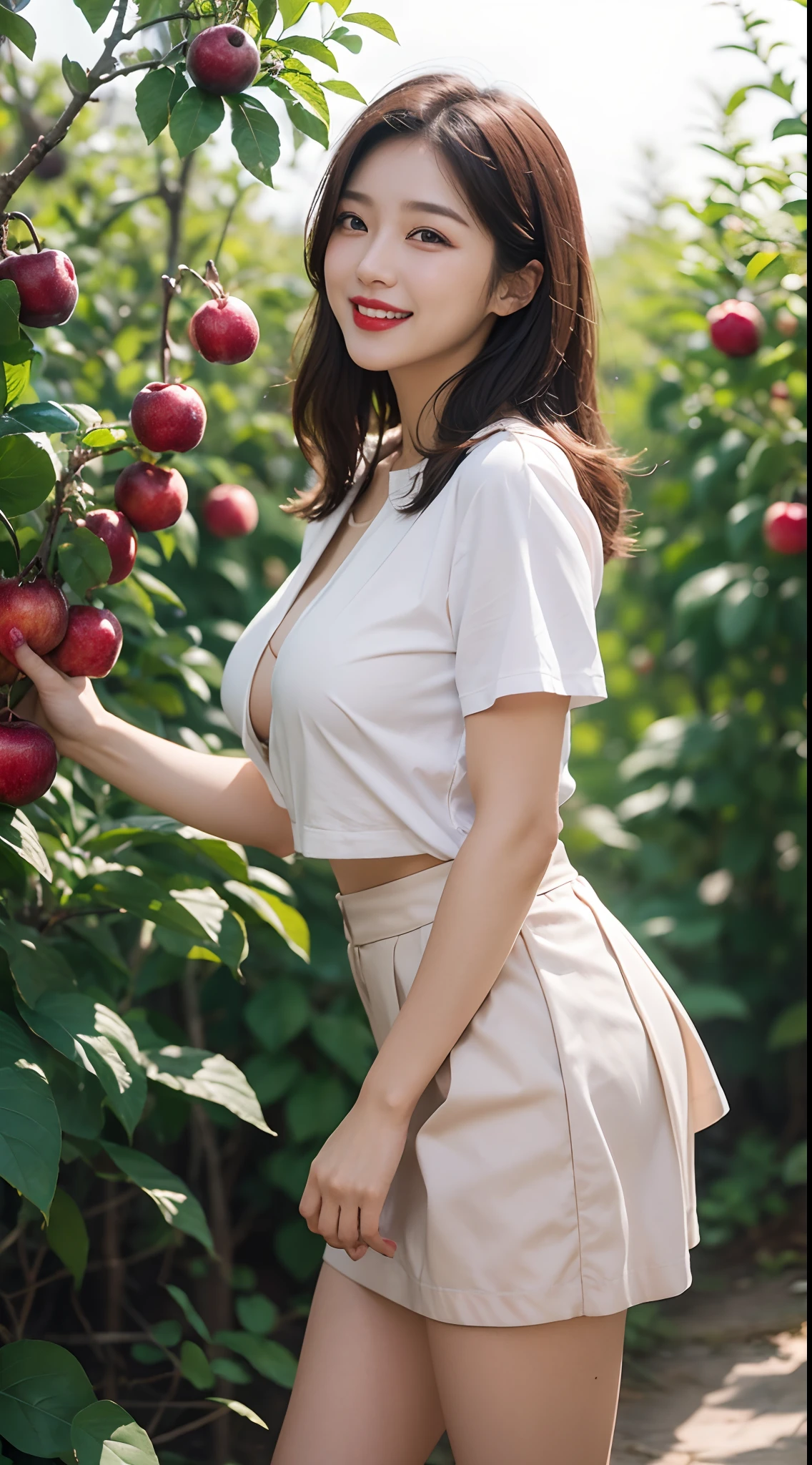 best quality, 4k, 8k, Detailed faces, clear face, pretty girls, Korean makeup, Red lips, laugh, perfect body, big breasts, thigh, Skirt, shirts, View of orchards, fruit trees,