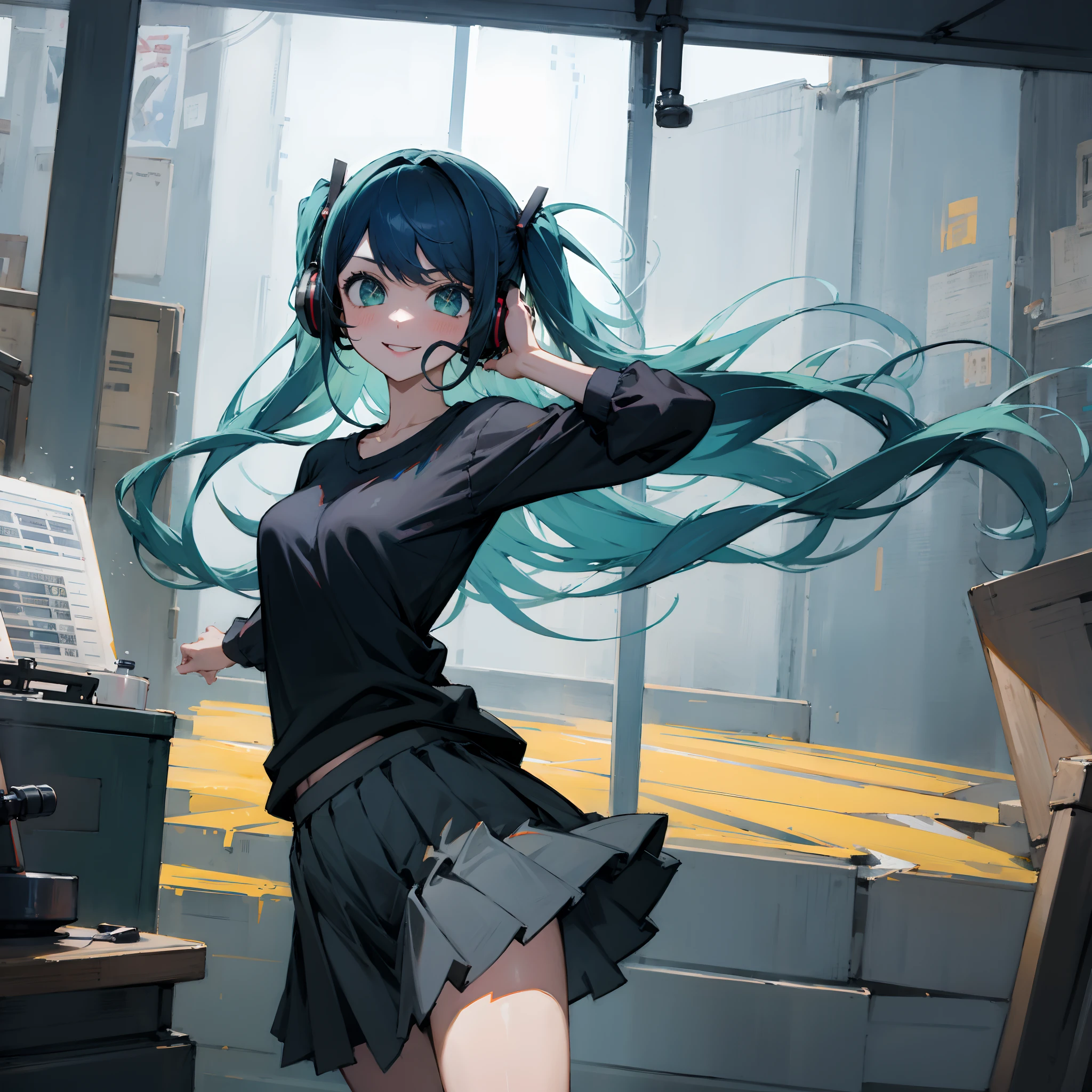 ((masterpiece,best quality))1girl, solo, black skirt, blue eyes,, headphones, long hair, , music, one side up, teal hair, twin tails, pleated skirt, black shirt, indoors