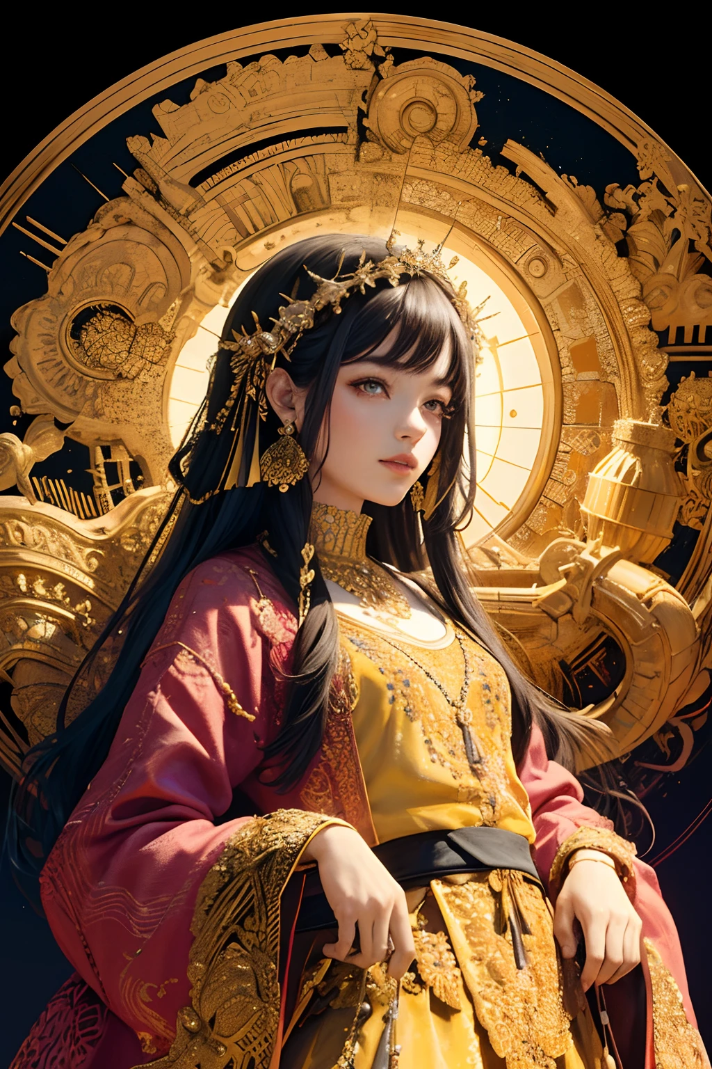 (masterpiece, top quality, best quality, official art, beautiful and aesthetic:1.2), (1girl), extreme detailed,colorful,highest detailed, official art, unity 8k wallpaper, ultra detailed, beautiful and aesthetic, beautiful, masterpiece, best quality, (zentangle, mandala, tangle, entangle) ,holy light,gold foil,gold leaf art,glitter drawing, PerfectNwsjMajic