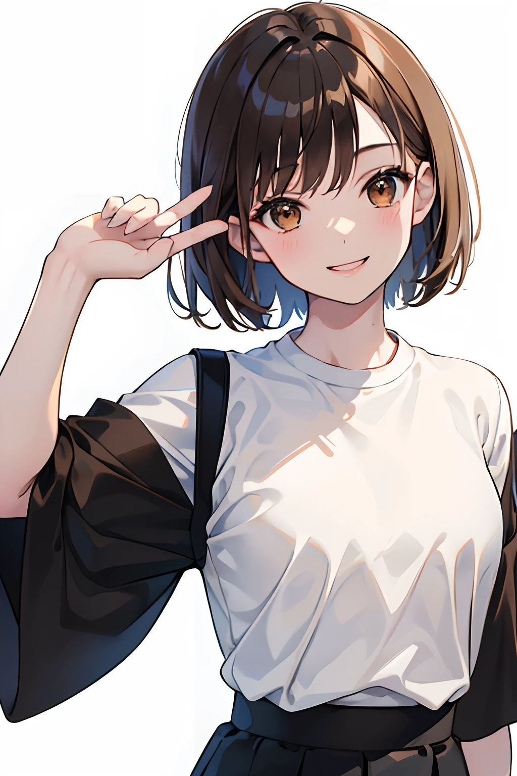 (masterpiece, best quality), 1girl, solo, 22 years old, brown eyes, brown short hair, smile, (Upper body:1.4), (white shirt, black skirt), (white background:1.2),