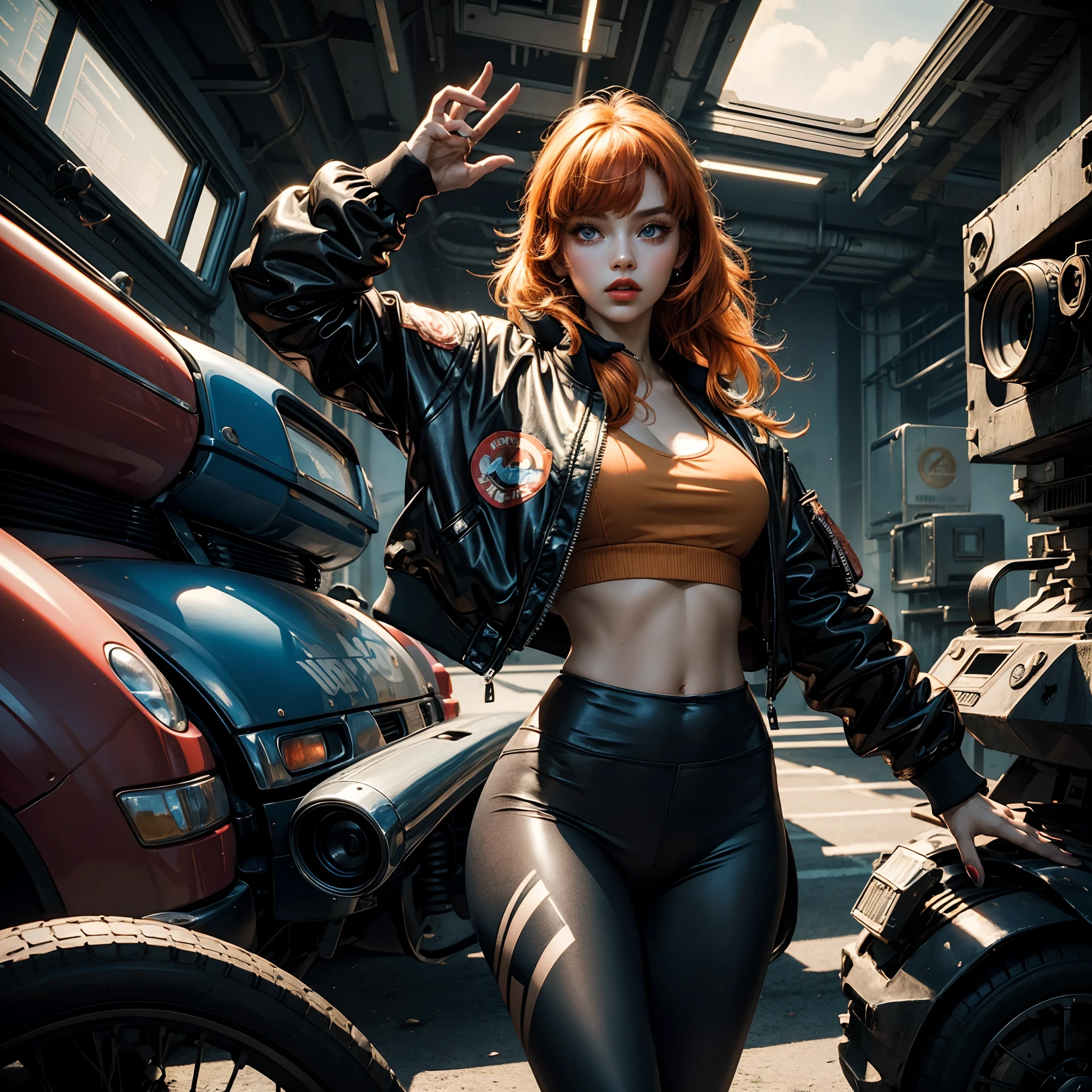 1girl, young, ((leggings, retro bomber jacket 80s)), solo, official art, unity 8k wallpaper, ultra detailed, beautiful and aesthetic, masterpiece, best quality, shiny skin, the most beautiful form of chaos, elegant, a designed brutalist, bright colors, romanticism, ((Fairytaleai)), big ass, red nails, long hair with bangs, orange hair, light blue eye, dark red lips