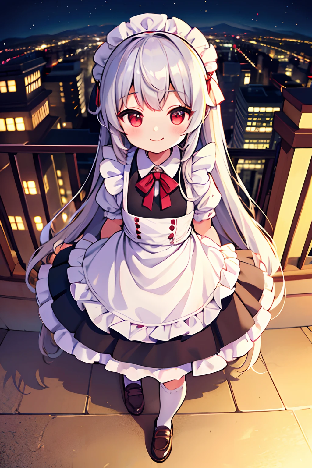 8K picture quality，silber hair,Red-eyed girl,cute little ,Long hair,Heartwarming,a miniskirt,****ta,A smile,Thumbnail styles，maid clothes，fluffly，Looking down from above,A smile,full body Esbian,City background