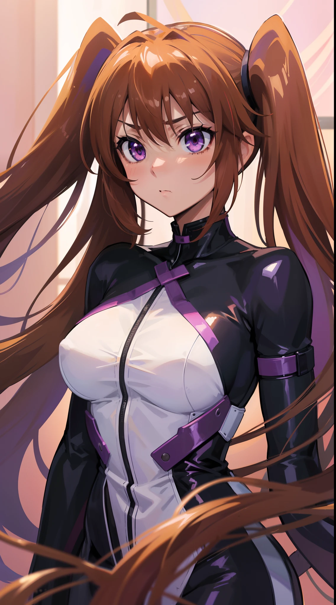 (best quality, master-piece:1.2), long brown hair, purple eyes, ultra-detailed eyes, twintails, beautiful, Shidou Irina, medium breasts, simple background, standing, (upper body), (indoors), bdsm, dominant, evil, elegant clothes, close-up.