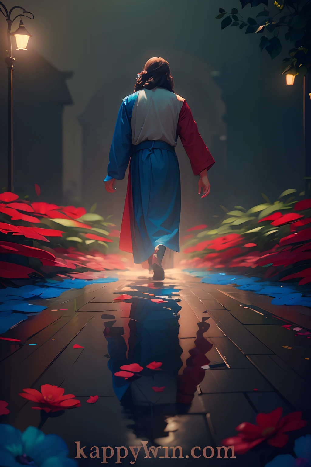 Boy Jesus Rose Flower Red Blue Blue Green Garden lighti ng Photo Background Remove 8K