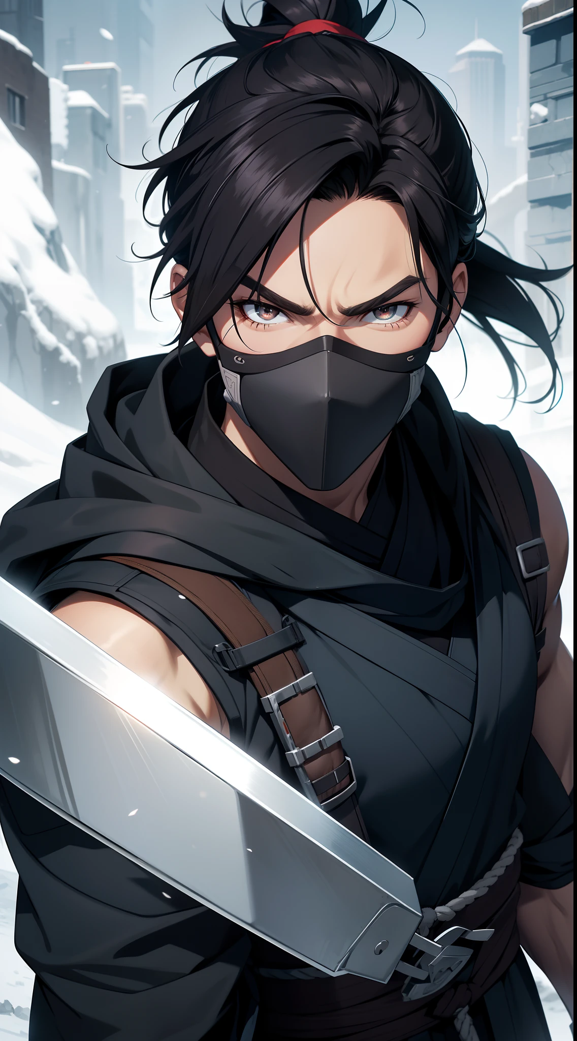Grown-up guy, short black hair, high ponytail, Brown eyes, mask, blue shinobi kimono, Sleeveless, Sub-Zero, Cold, ice, blizzard, Battle-ax, Masterpiece, hiquality, 4k, HD, Good detail