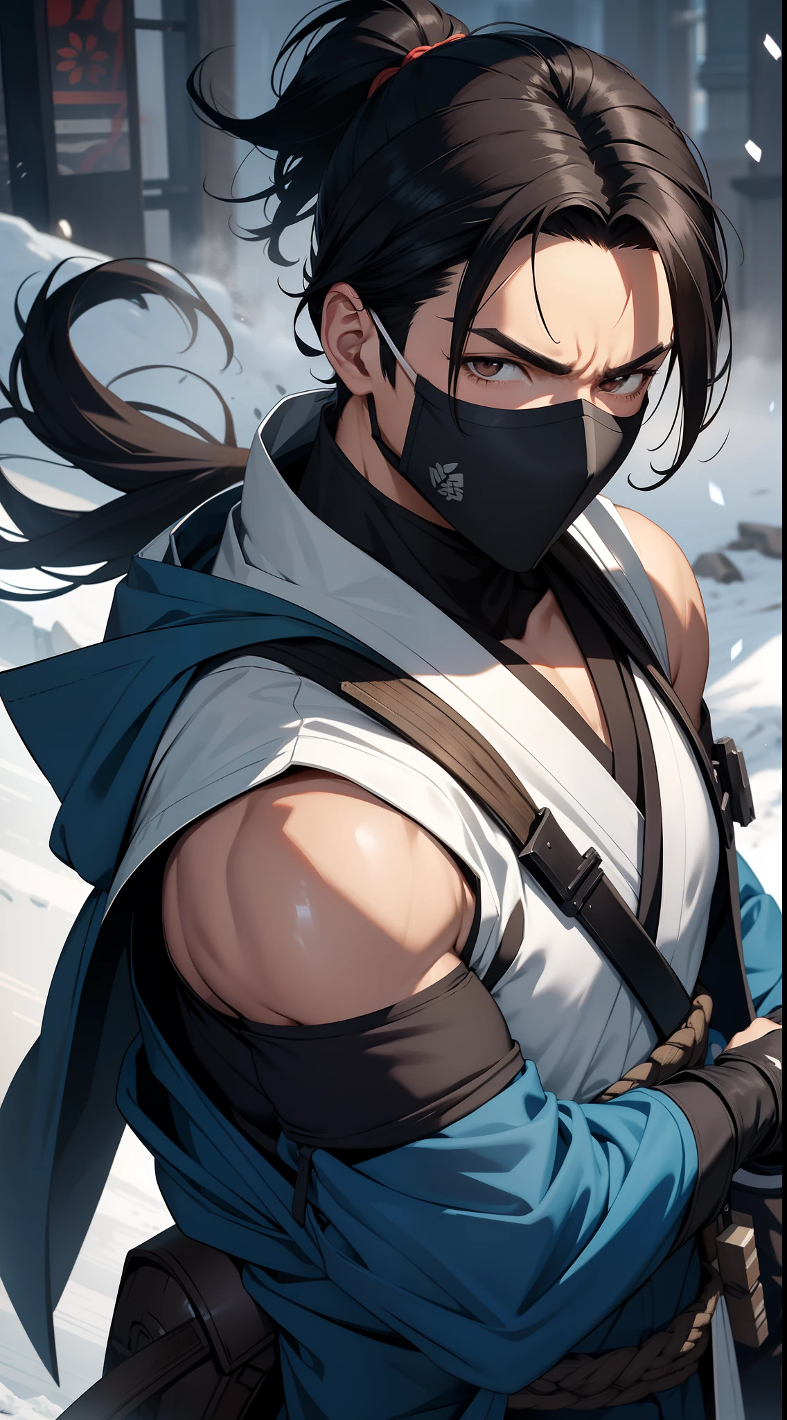 Grown-up guy, short black hair, high ponytail, Brown eyes, mask, blue shinobi kimono, Sleeveless, Sub-Zero, Cold, ice, blizzard, Battle-ax, Masterpiece, hiquality, 4k, HD, Good detail