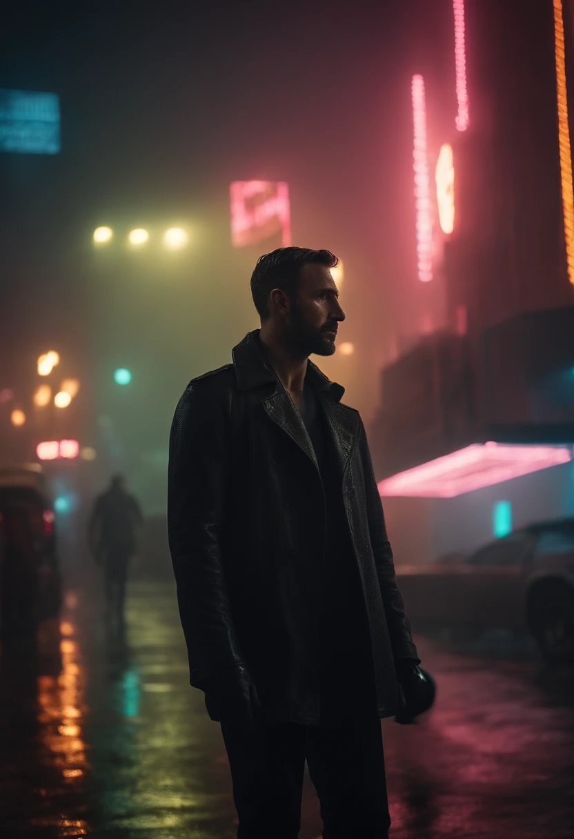 "Joe, the enigmatic protagonist of Blade Runner 2049, finds himself standing at the edge of a bustling metropolis. As he gazes into the neon-lit cityscape beneath a stormy, smog-filled sky, sadness, raining, gazing upwards. neon lights, close up, wet."