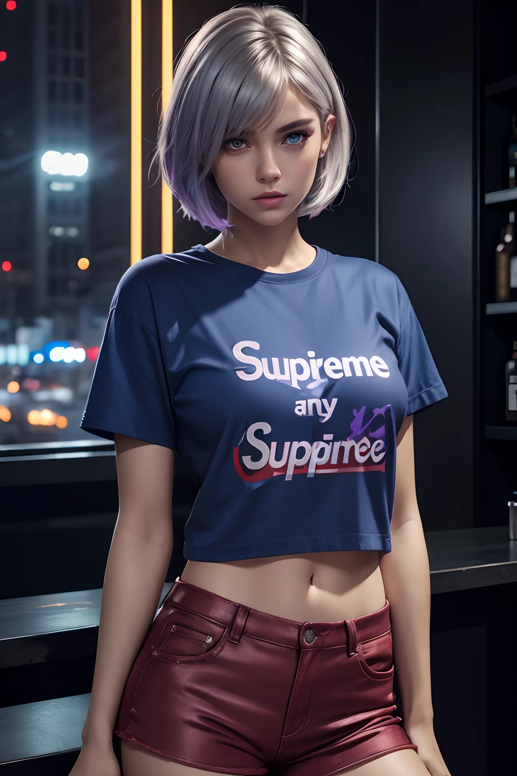 (best quality,4k,8k,highres,masterpiece:1.2),ultra-detailed,(realistic,photorealistic,photo-realistic:1.37),girl with supreme tshirt,short hot pants, 20 years old,silver hair,short hair,wolfcut hairstyle, beauty eyes, red eyes, sharp eyes,in the bar,illustration,dark background,neon lights,vibrant colors,urban style,blue and purple color tones,dramatic lighting